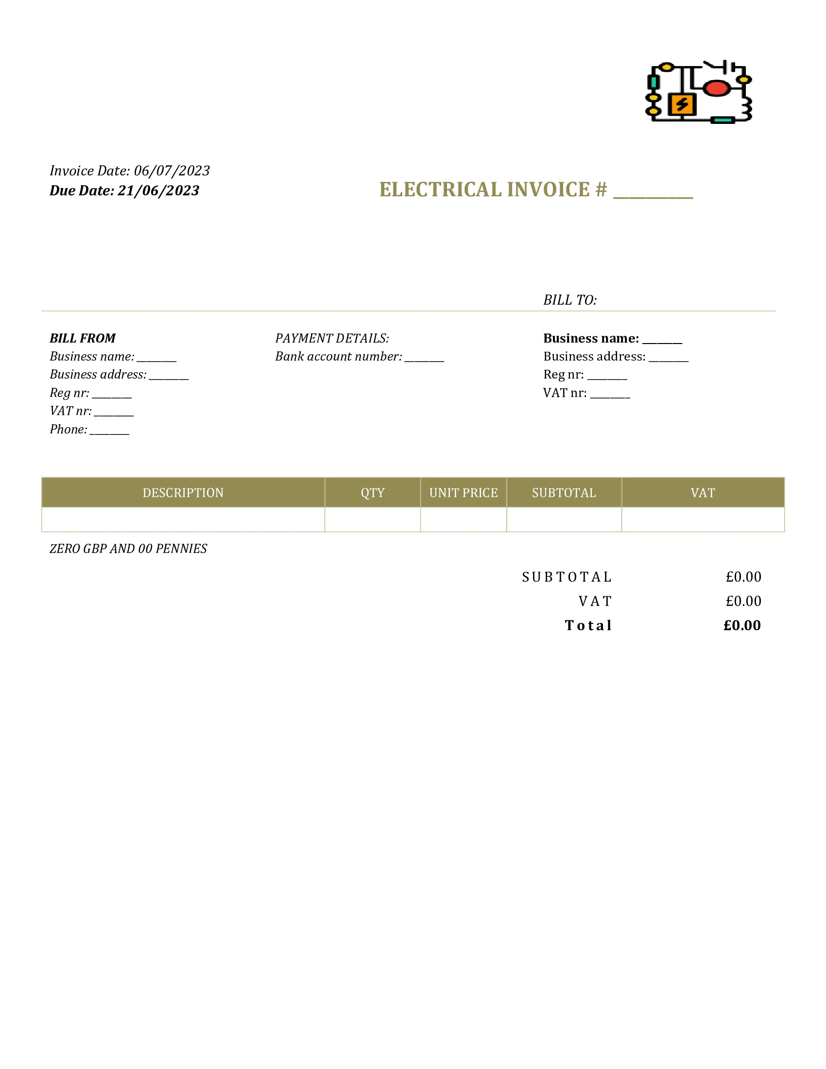 Detailed Electrical Invoice Template Uk Excel Google Sheets