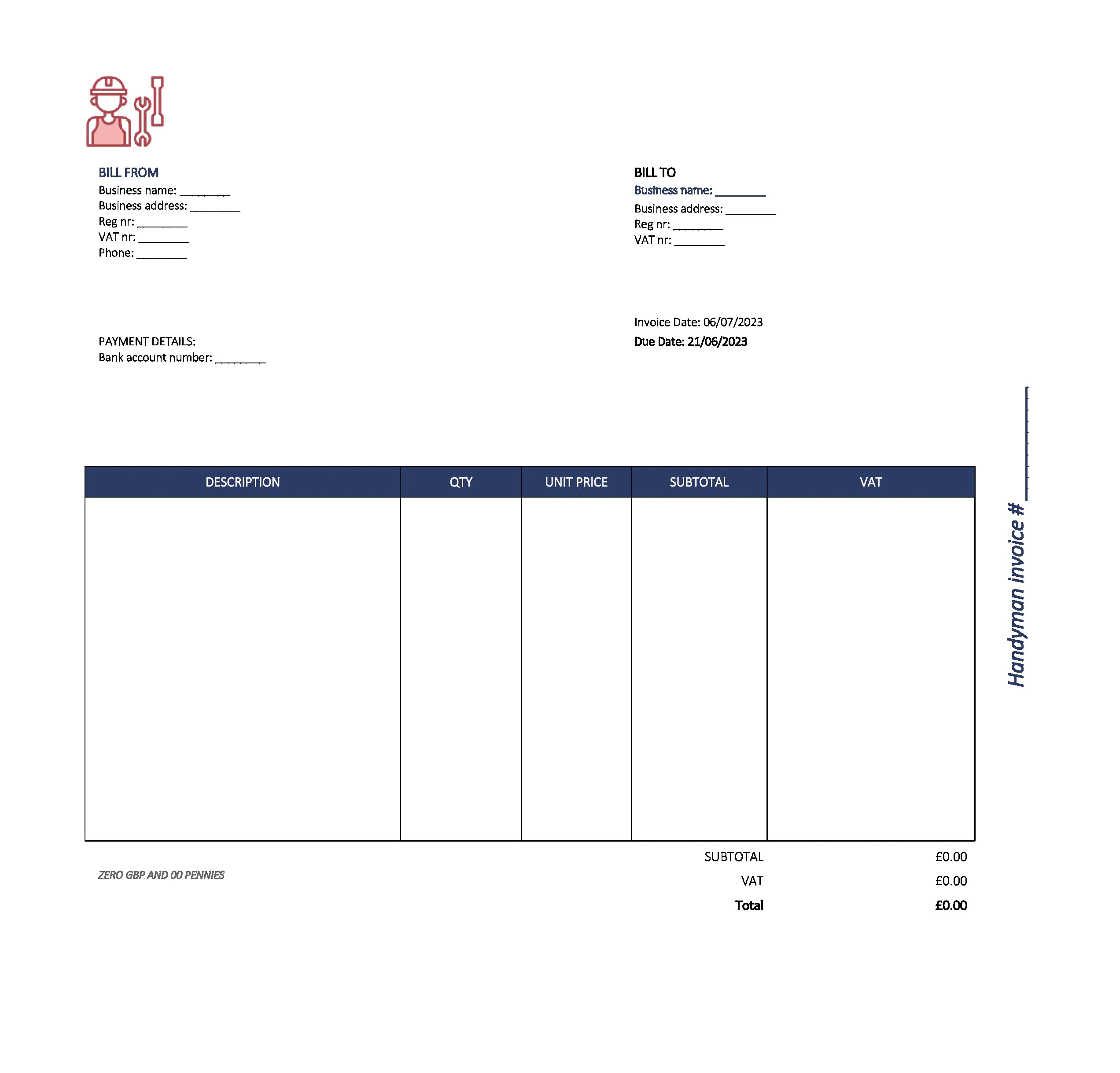 Beautiful Handyman Invoice Template UK Excel Google Sheets