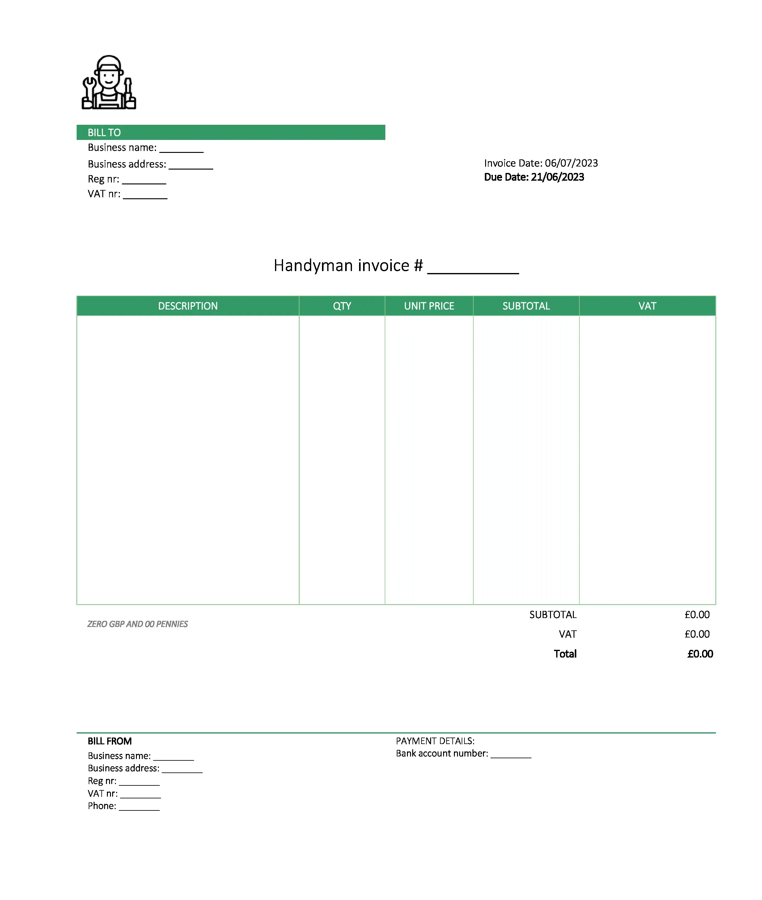 Digital Handyman Invoice Template Uk Excel Google Sheets