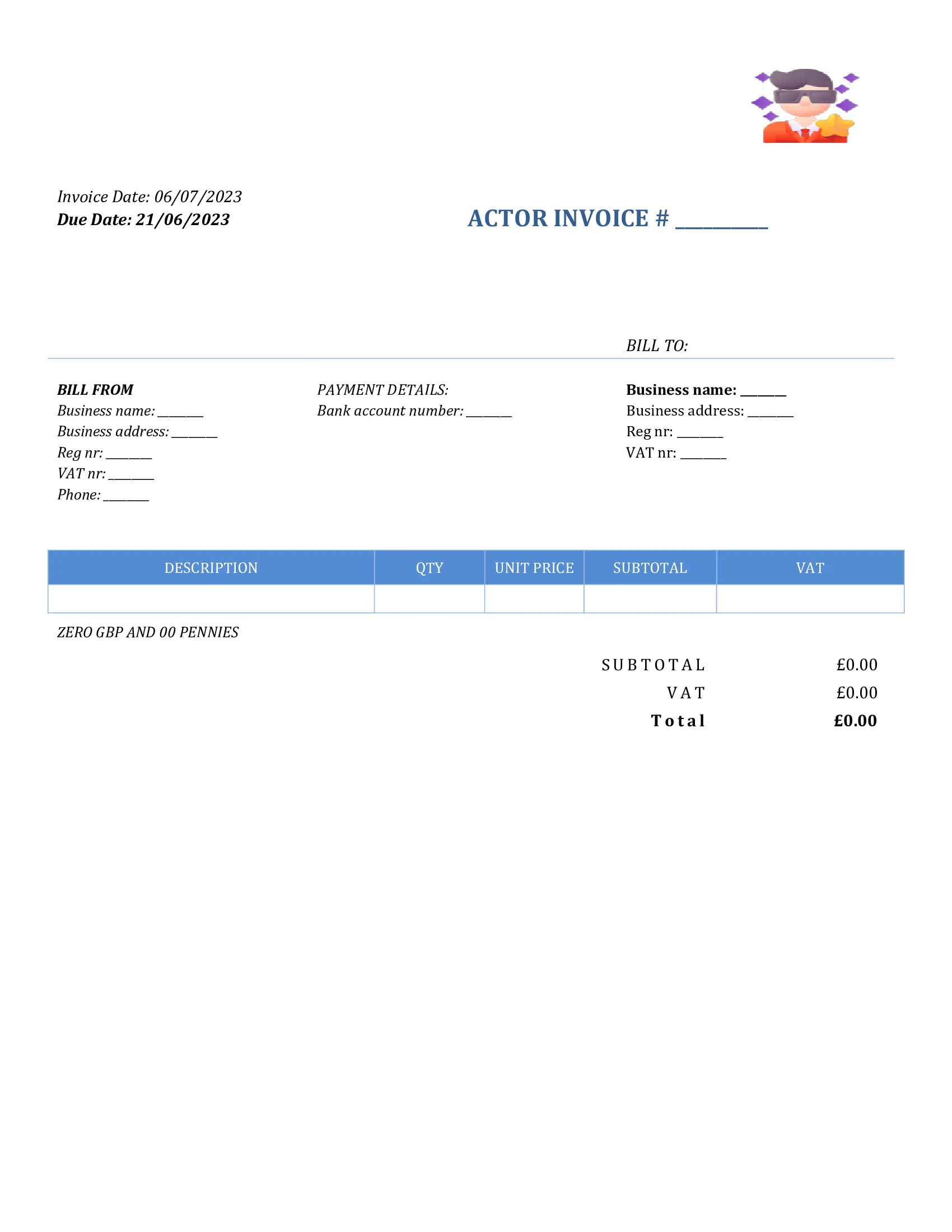 35 Free Actor Invoice Templates UK Word, Excel, PDF, Google docs/sheets