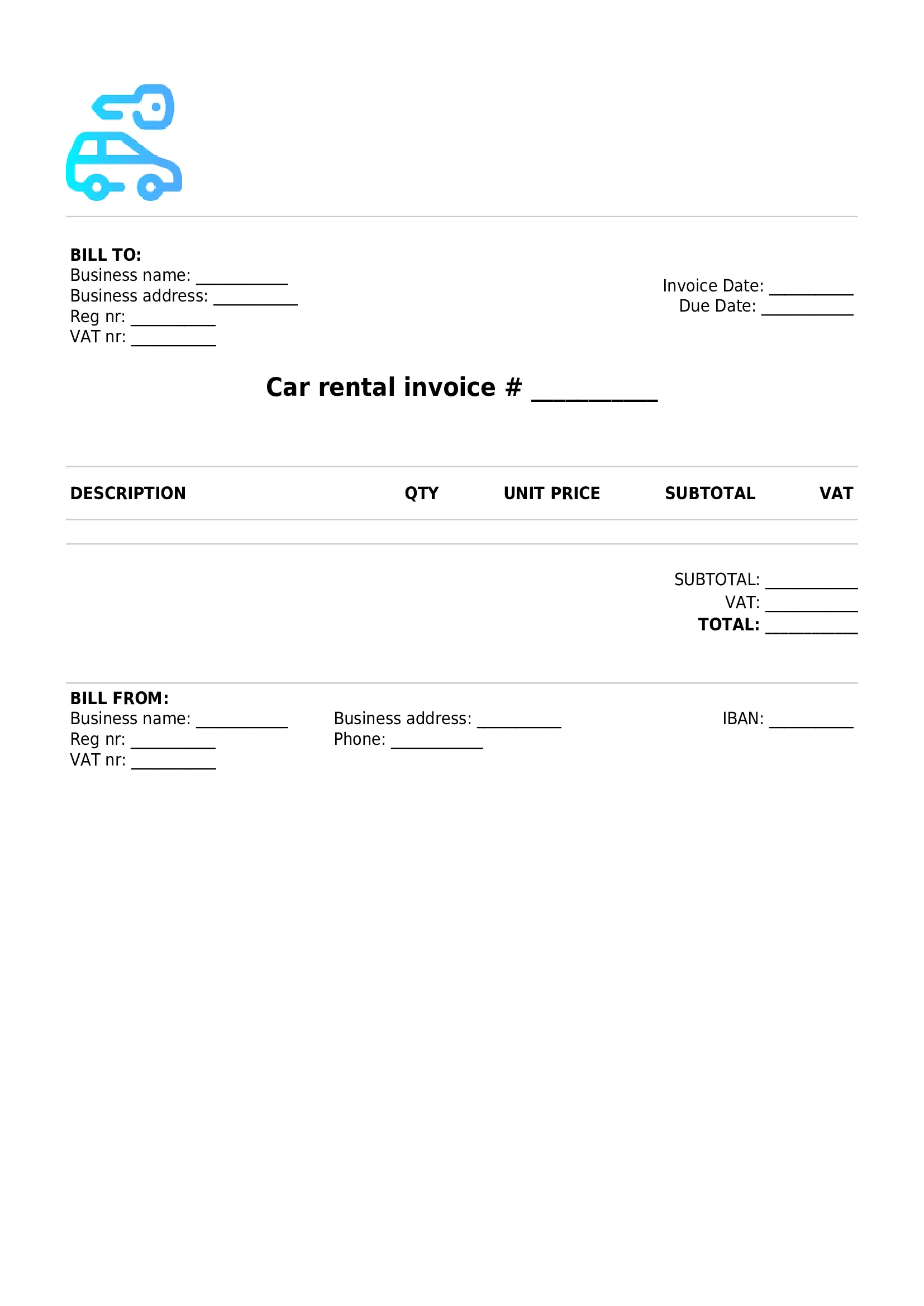 simple car rental invoice template UK PDF