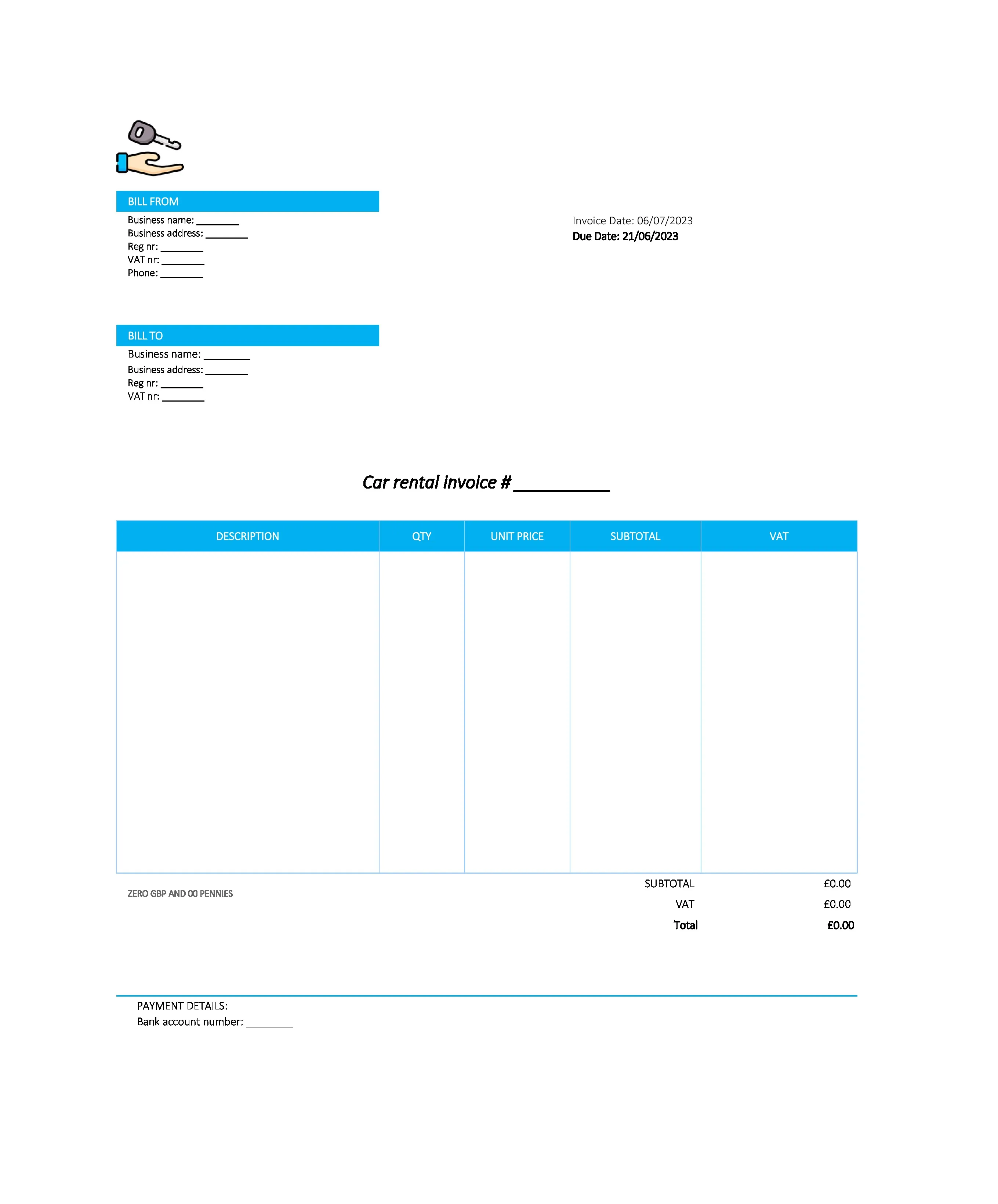 electronic car rental invoice template UK Excel / Google sheets