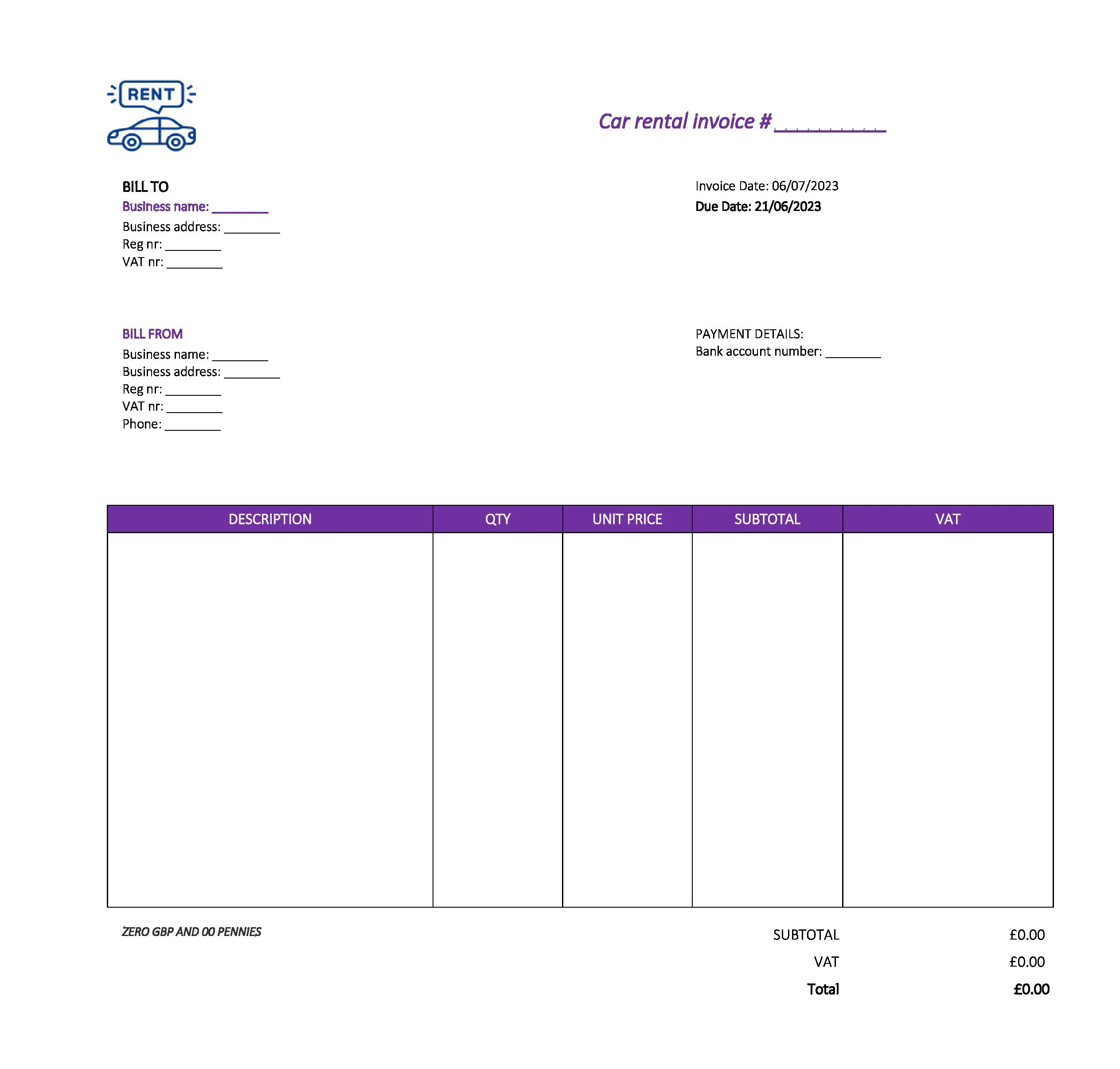 cool car rental invoice template UK Excel / Google sheets