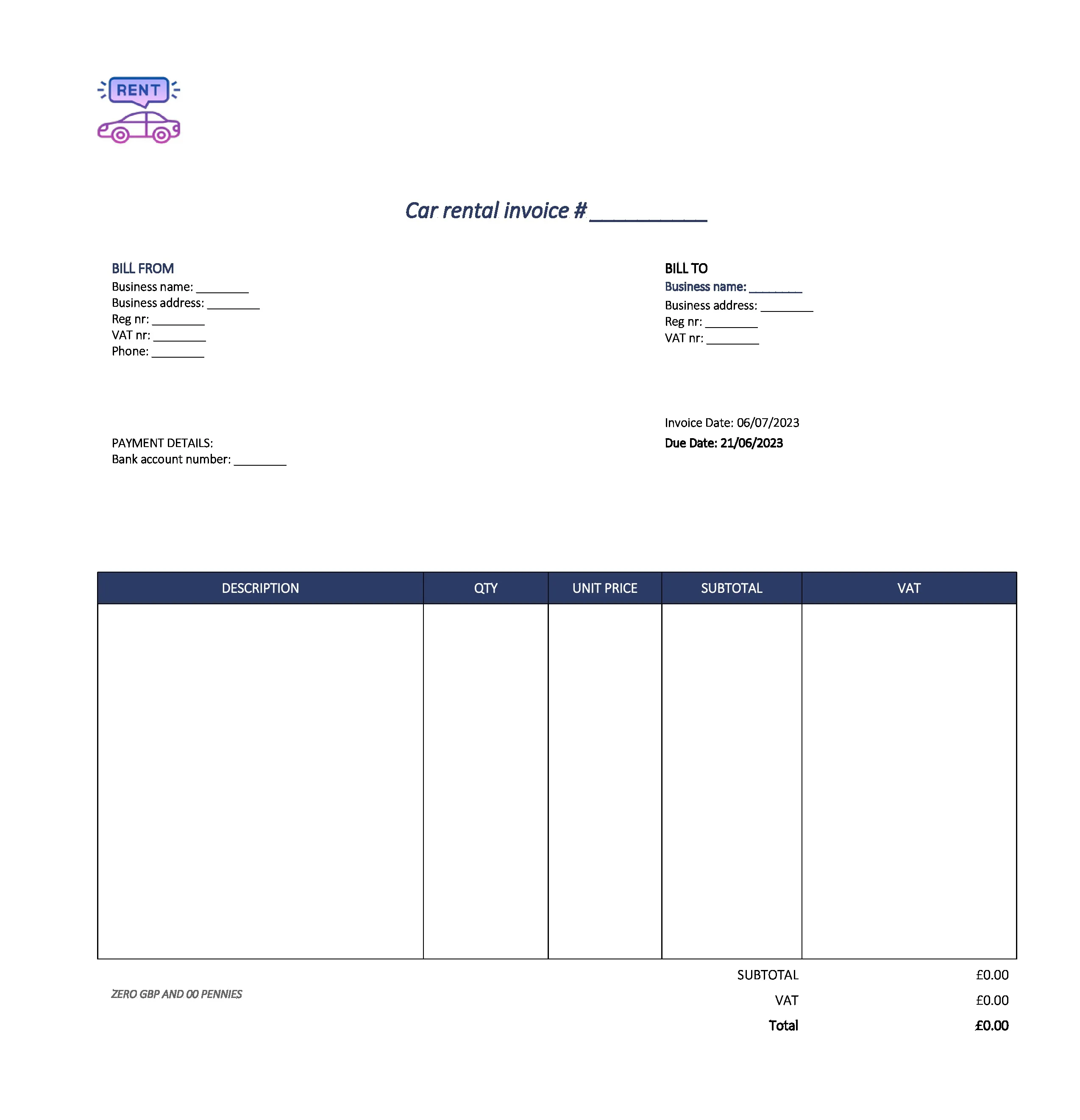 detailed car rental invoice template UK Excel / Google sheets