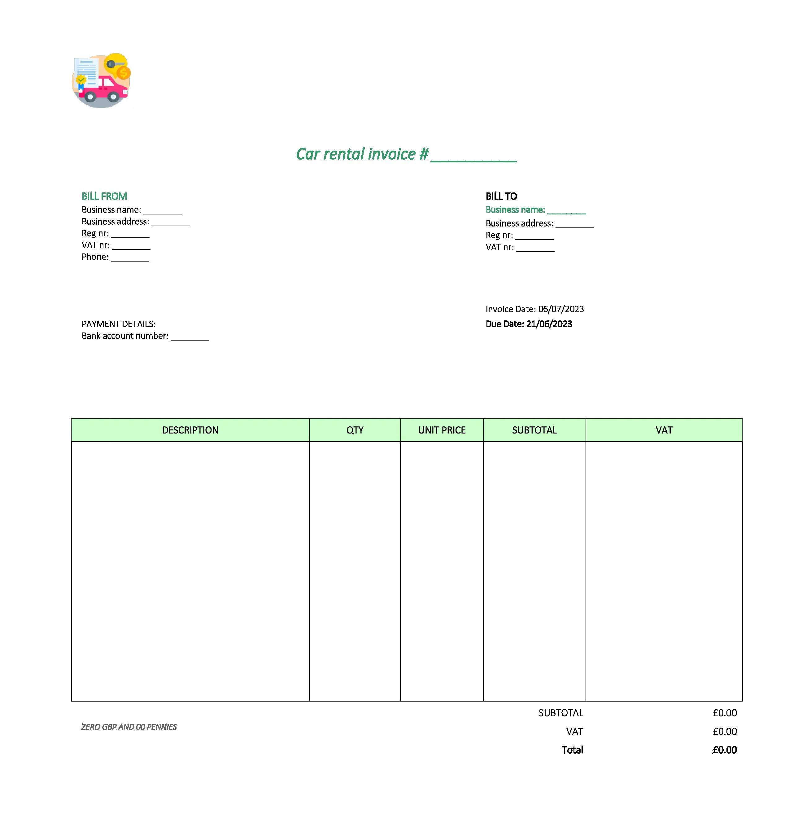 with logo car rental invoice template UK Excel / Google sheets