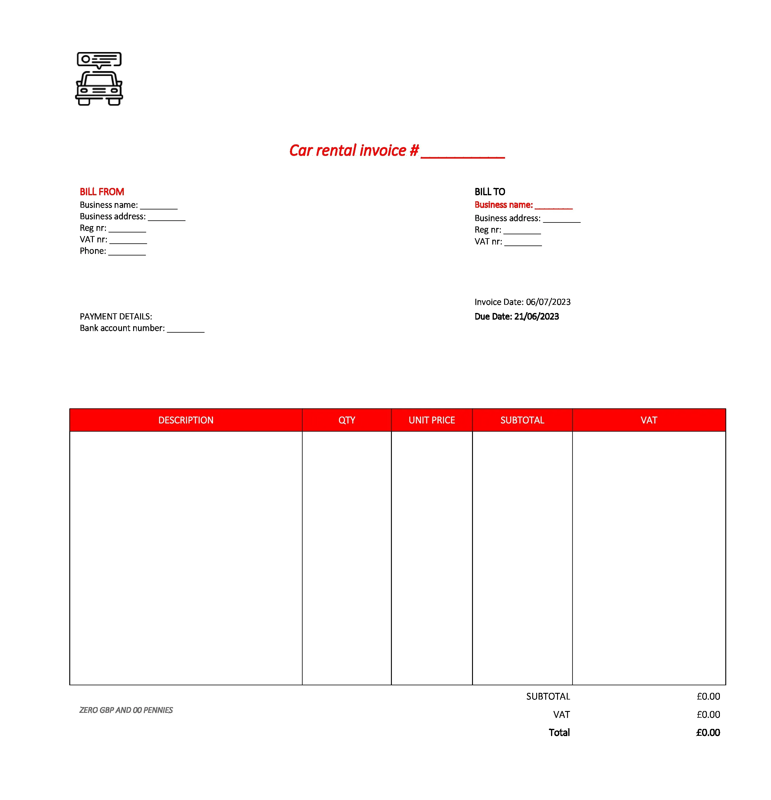 professional car rental invoice template UK Excel / Google sheets