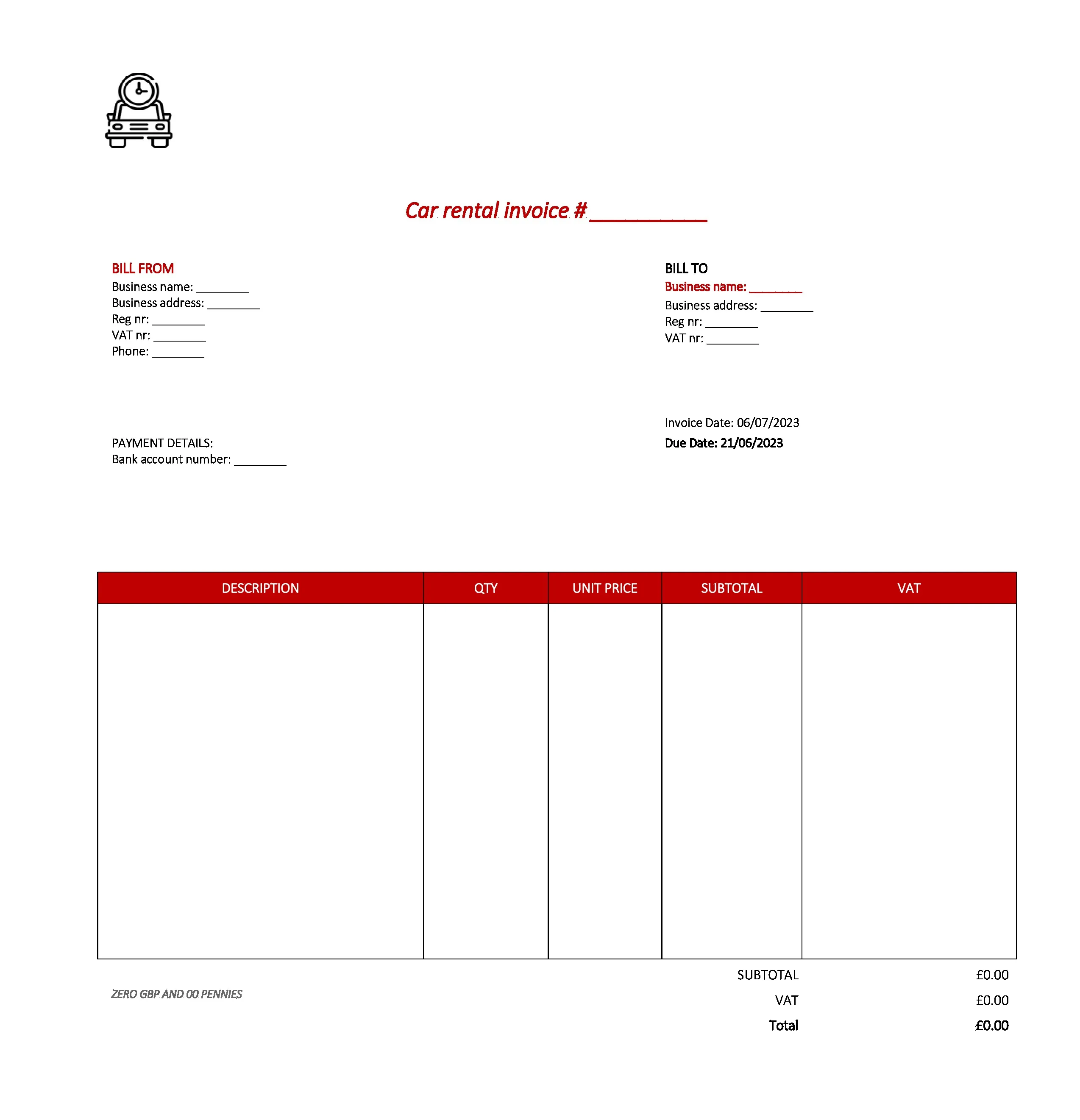 best car rental invoice template UK Excel / Google sheets