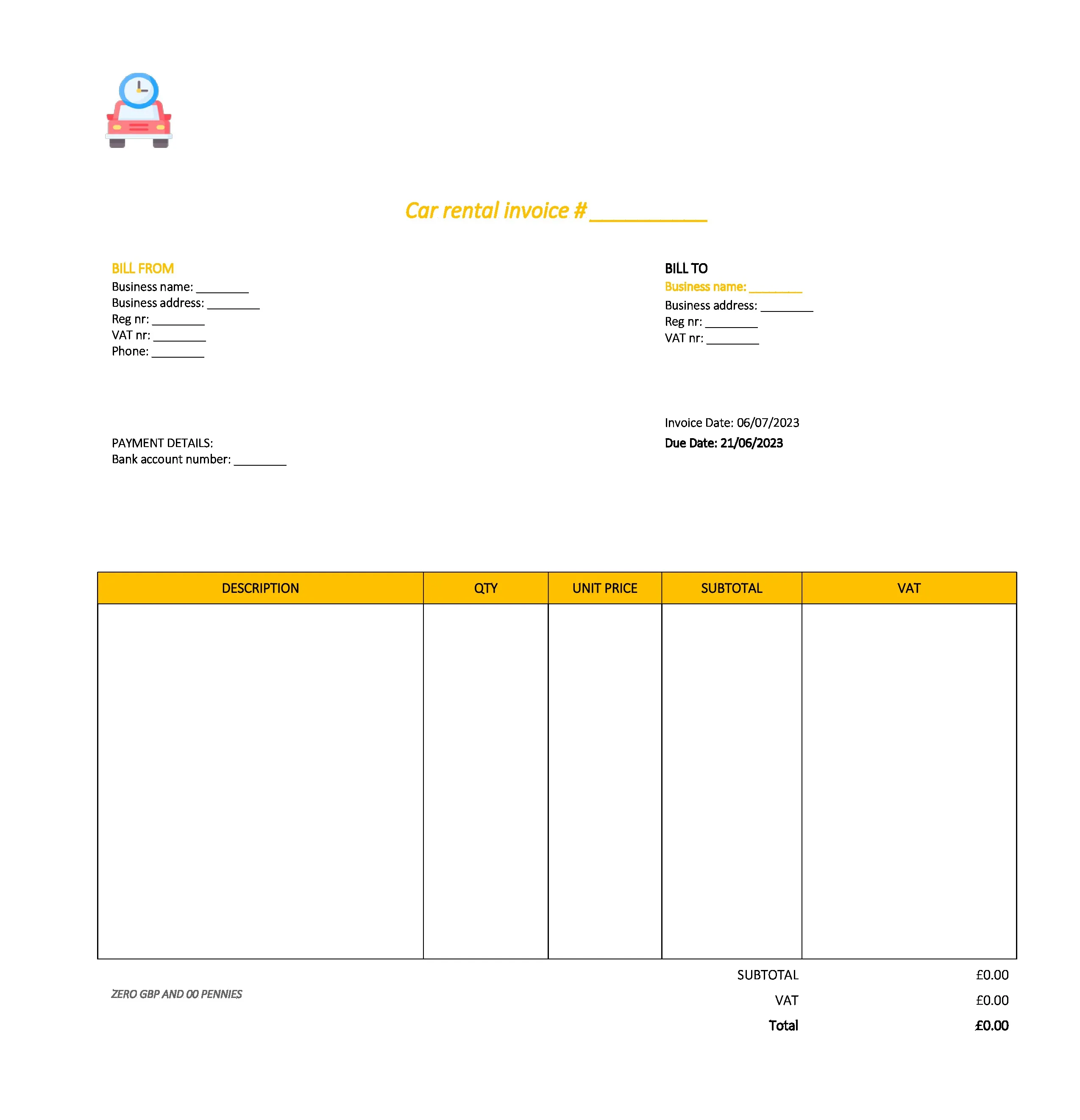 draft car rental invoice template UK Excel / Google sheets