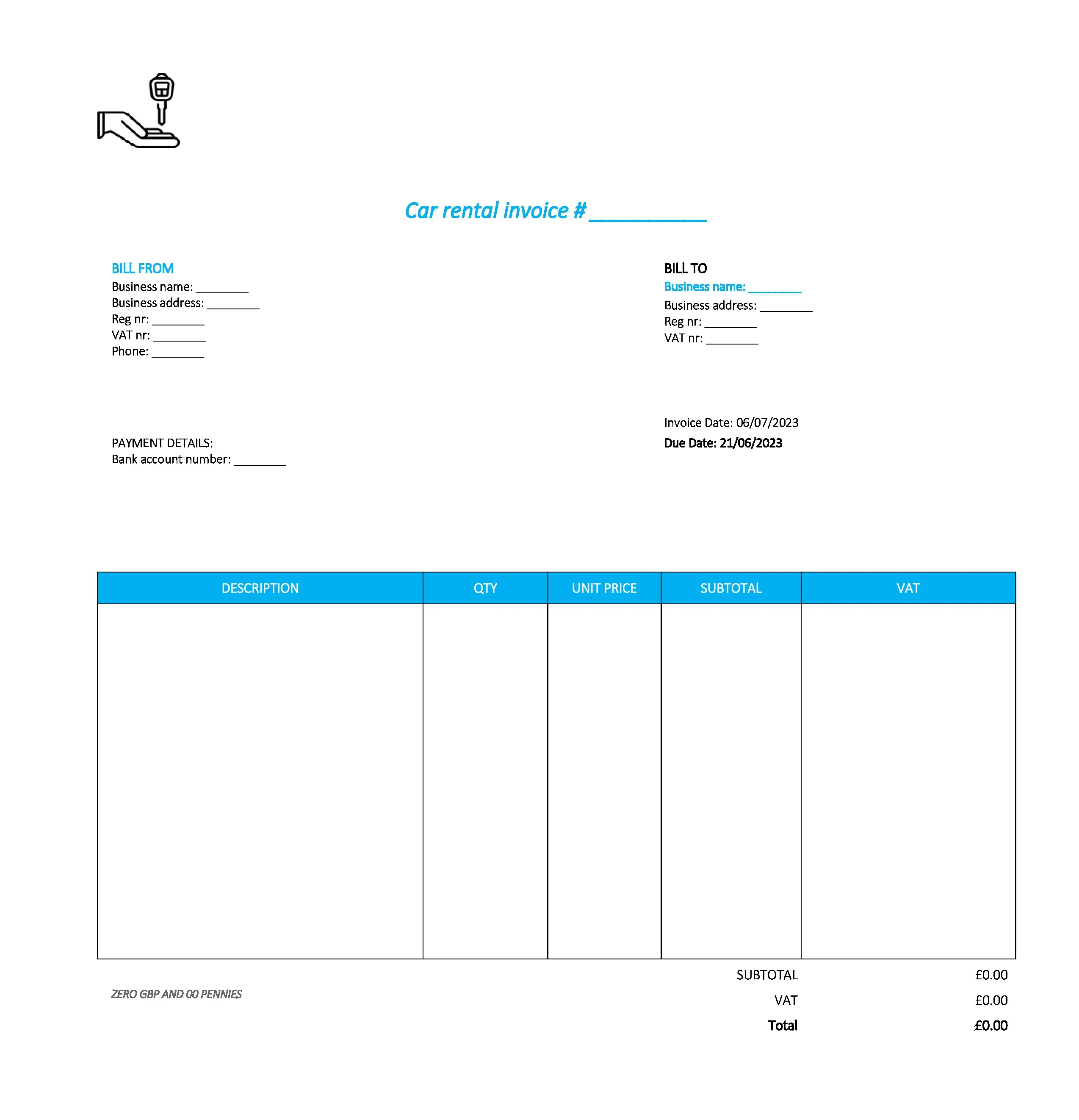 good car rental invoice template UK Excel / Google sheets