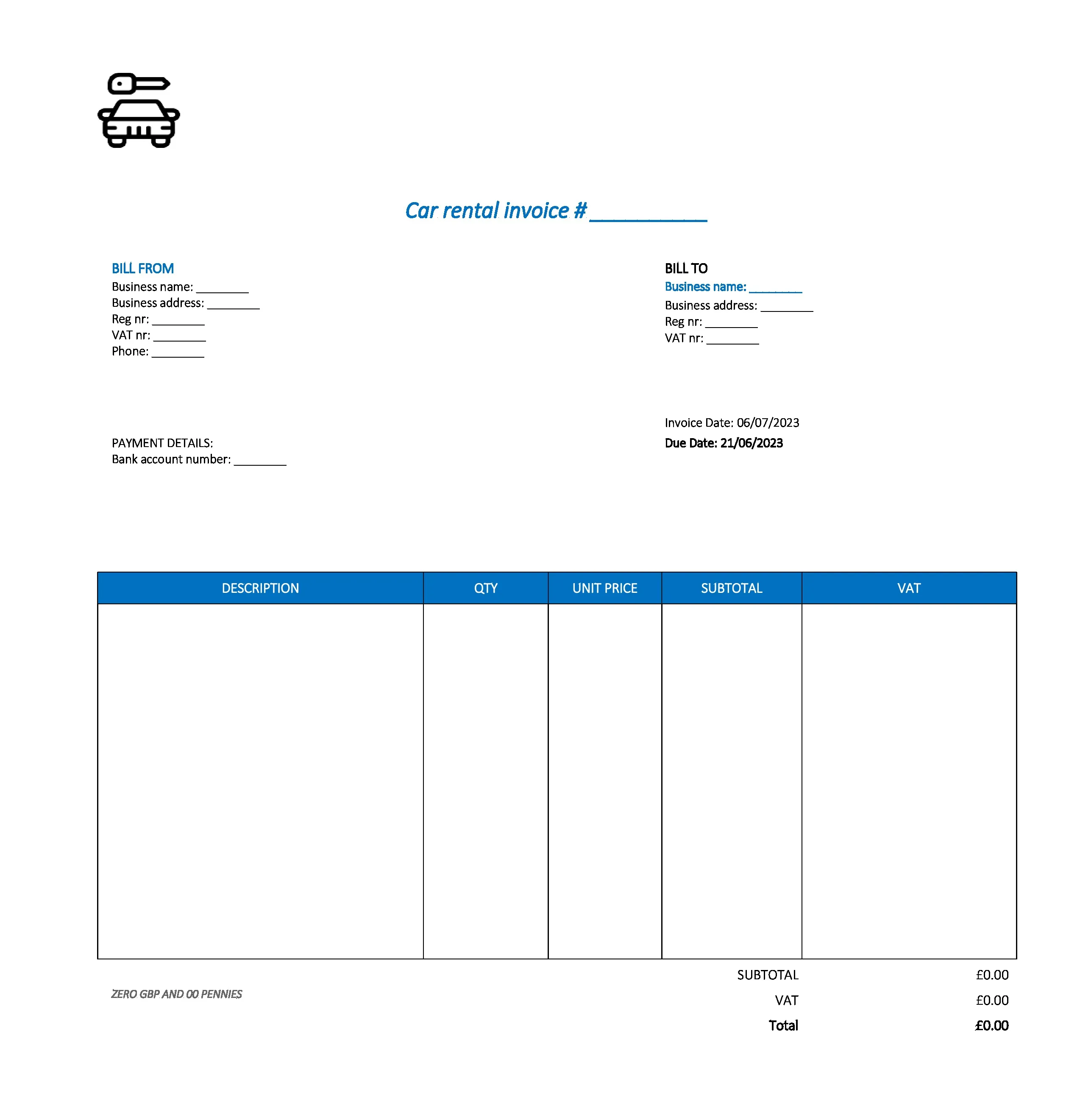 typical car rental invoice template UK Excel / Google sheets