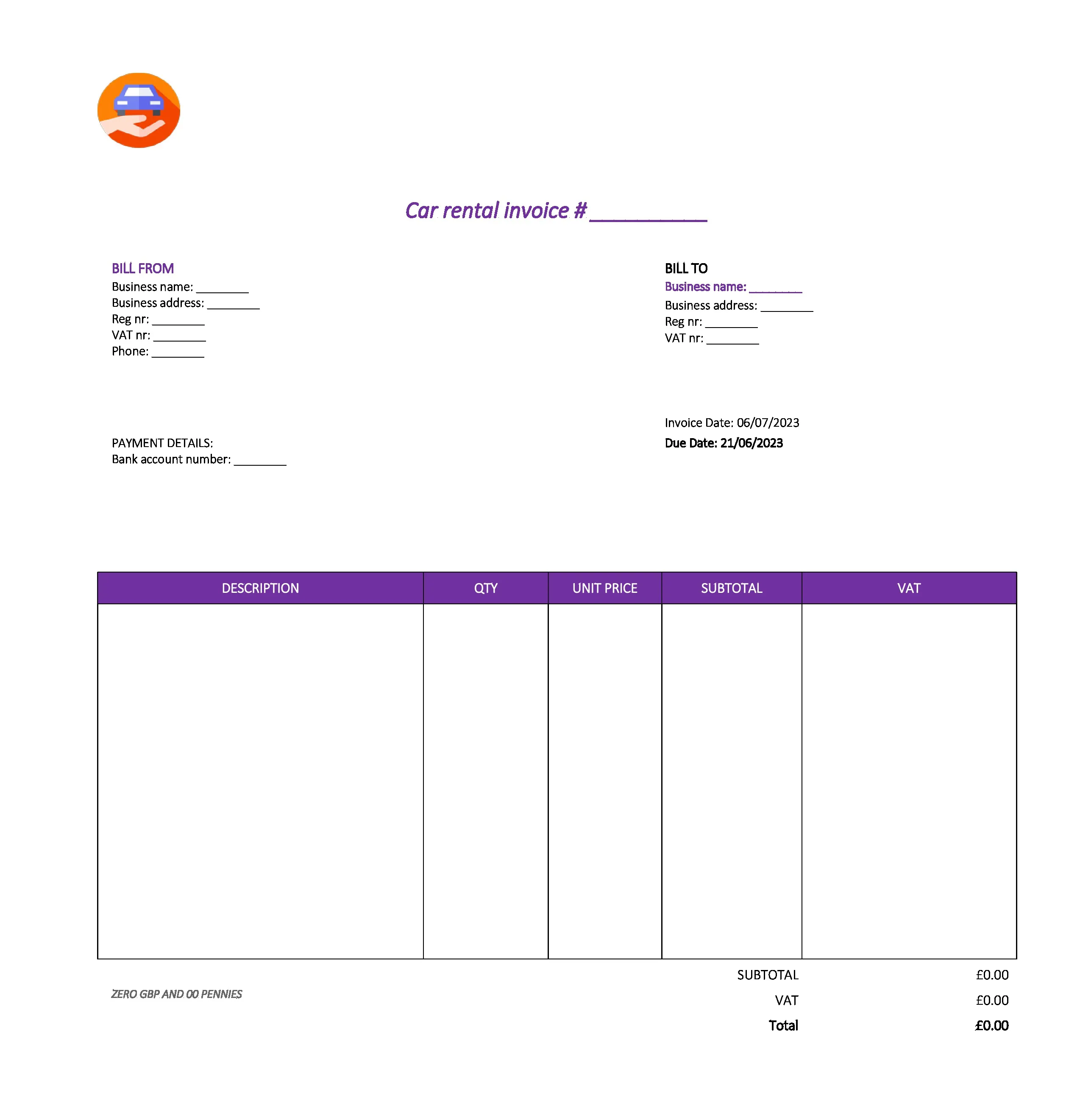 pretty car rental invoice template UK Excel / Google sheets