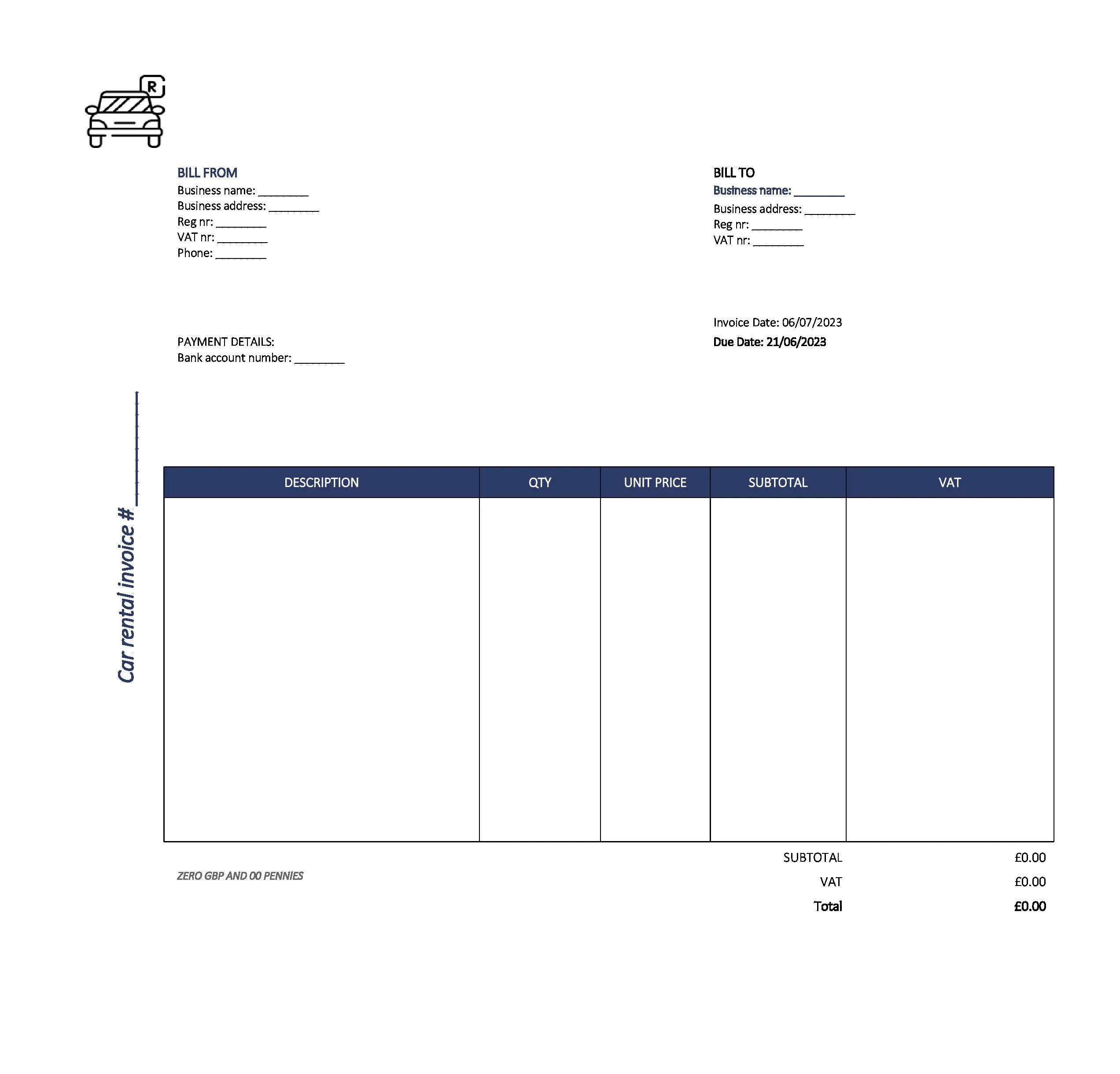 new car rental invoice template UK Excel / Google sheets