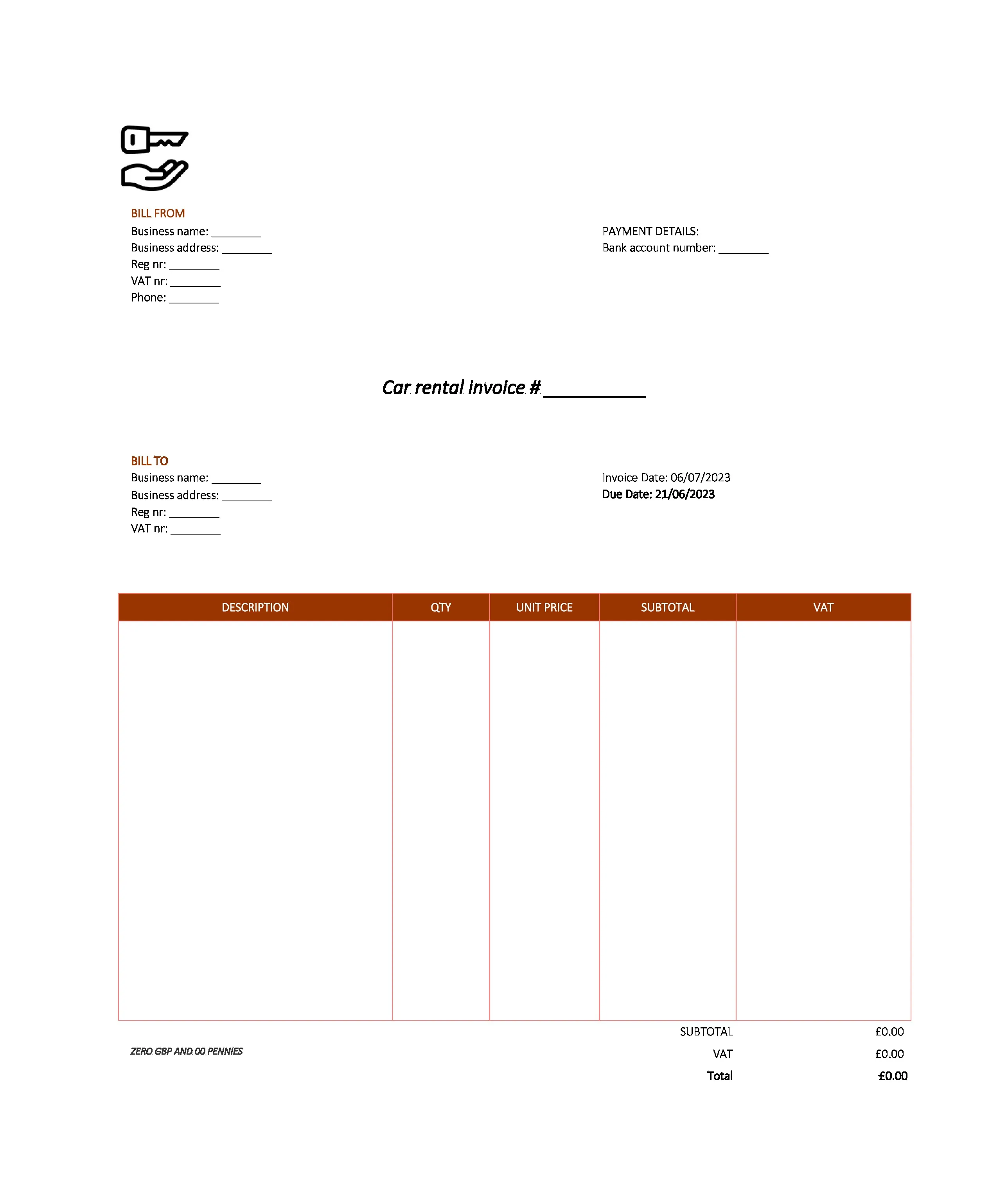 modern car rental invoice template UK Excel / Google sheets