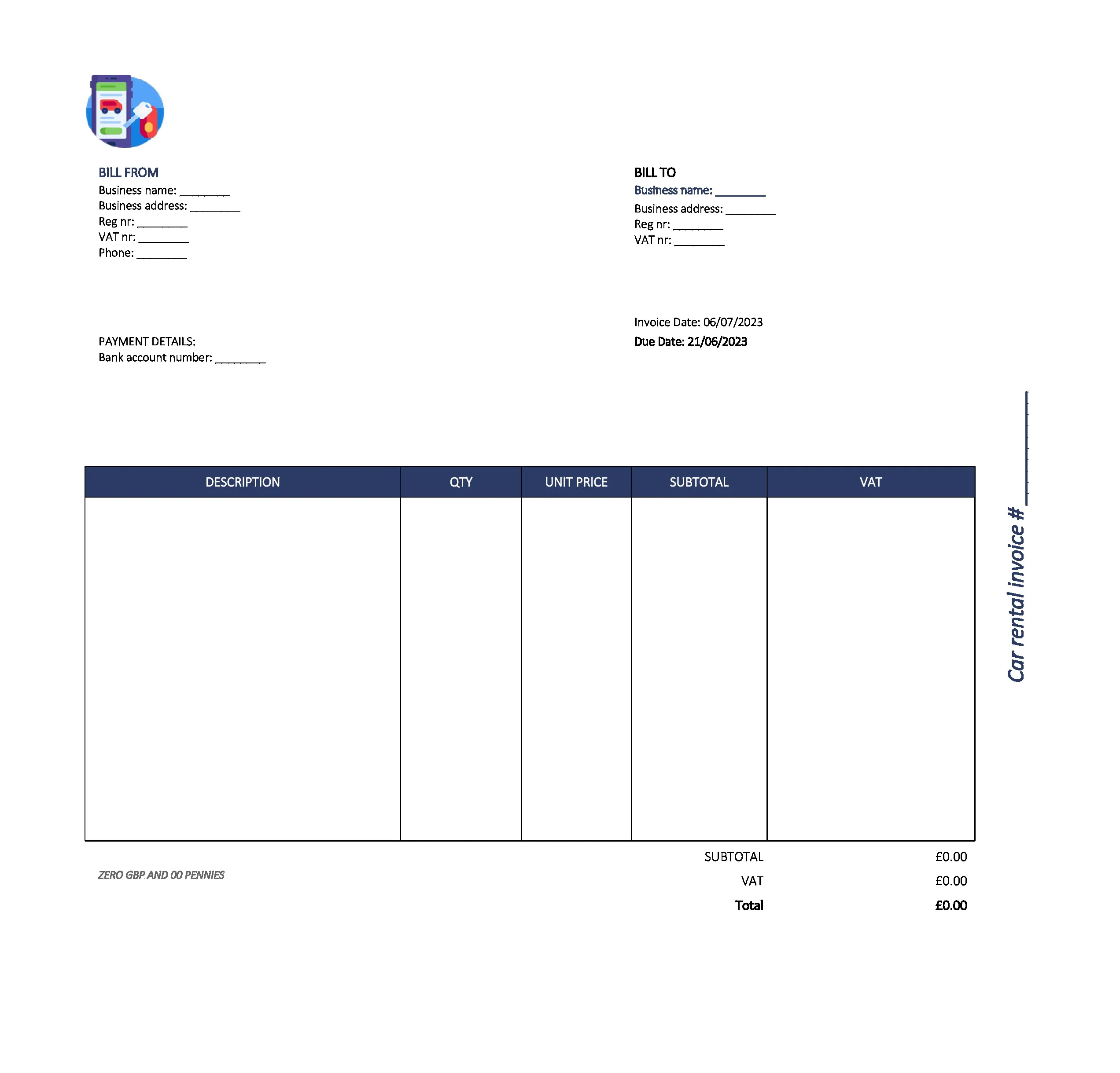 beautiful car rental invoice template UK Excel / Google sheets