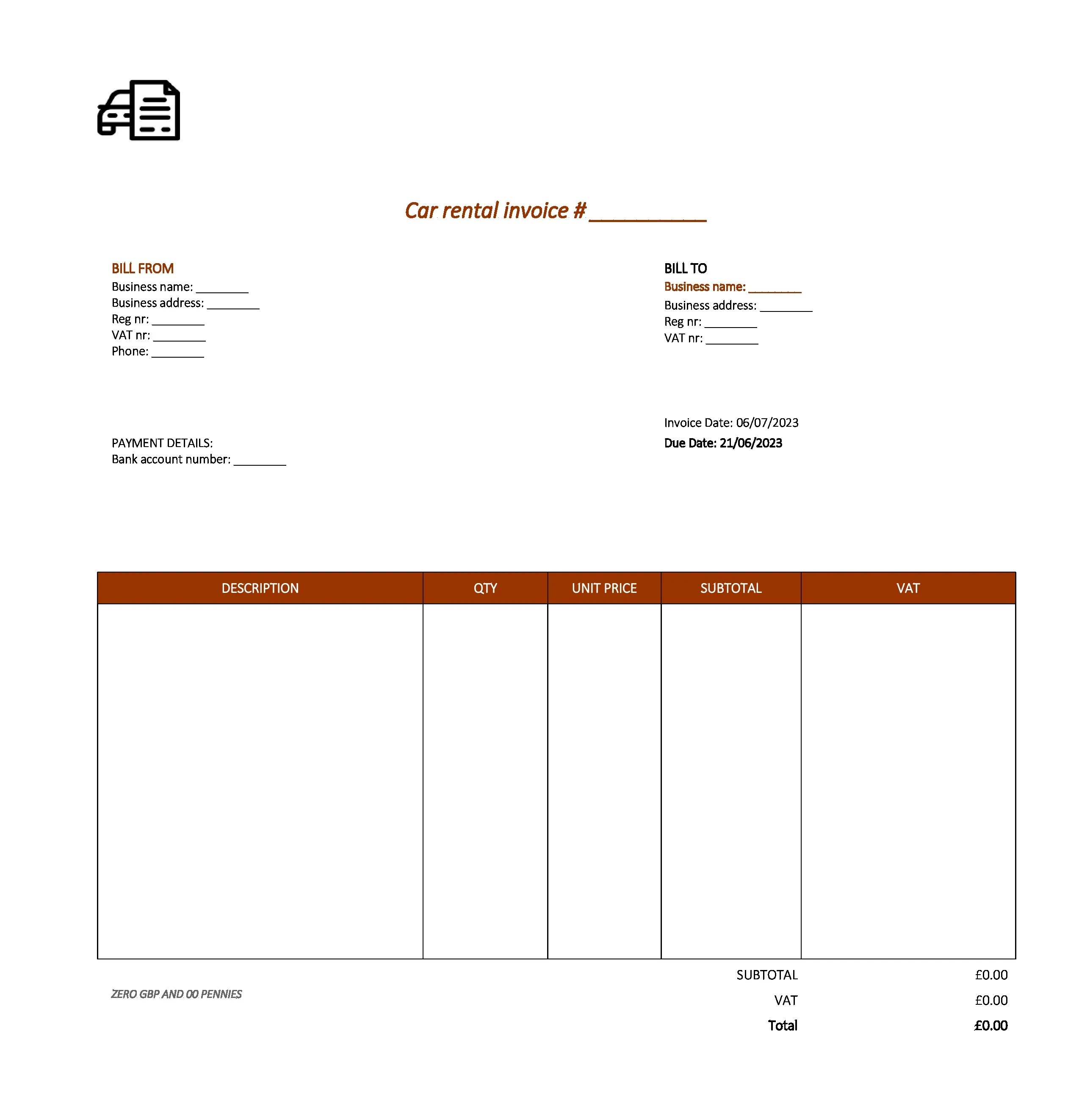 elegant car rental invoice template UK Excel / Google sheets