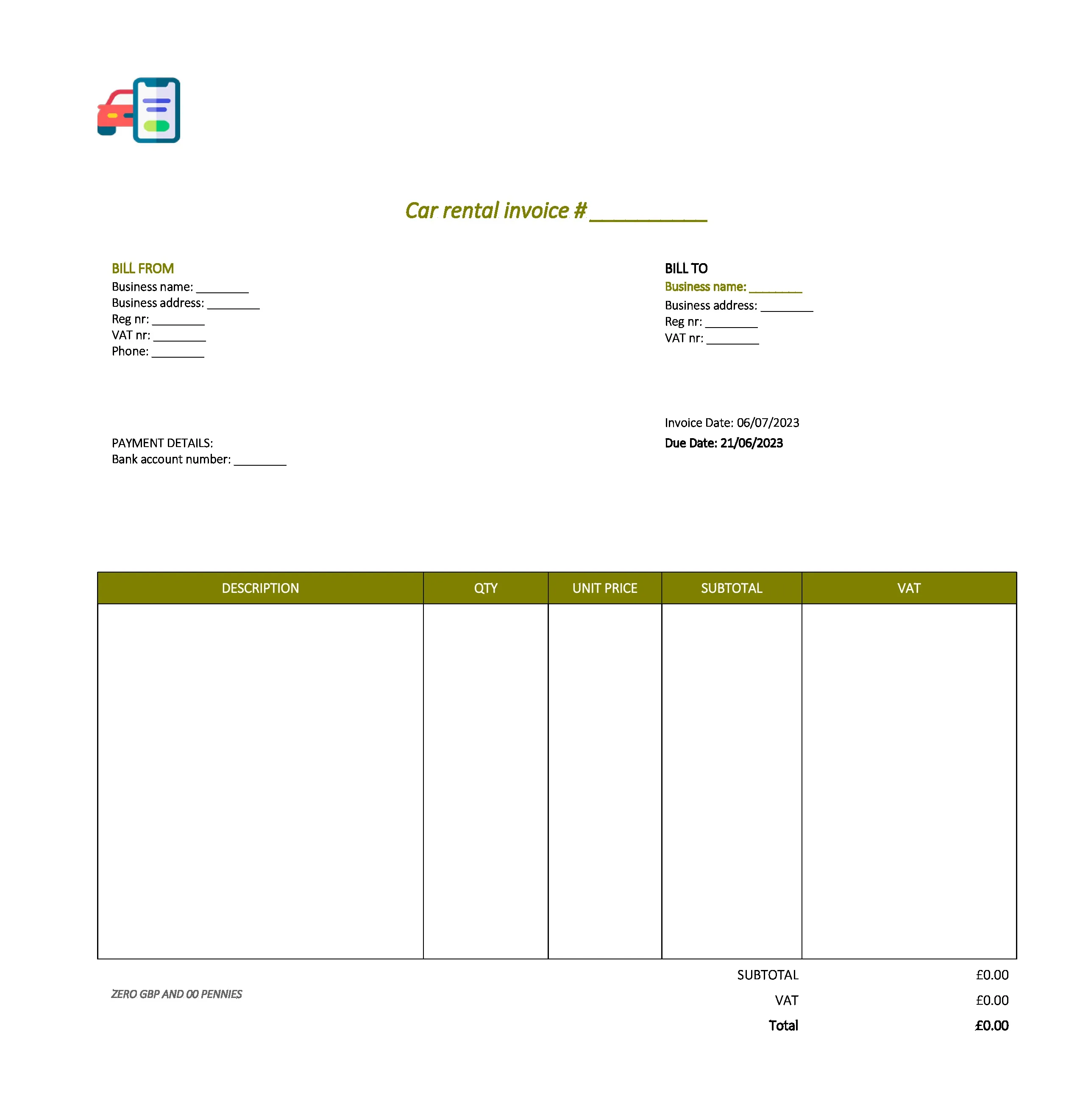 minimalist car rental invoice template UK Excel / Google sheets