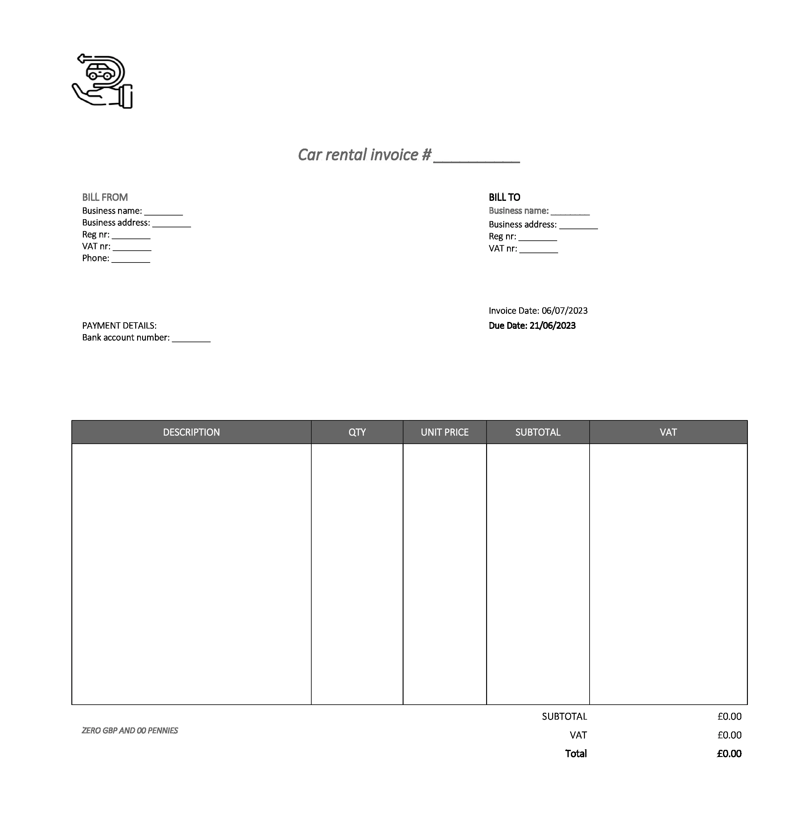 fancy car rental invoice template UK Excel / Google sheets