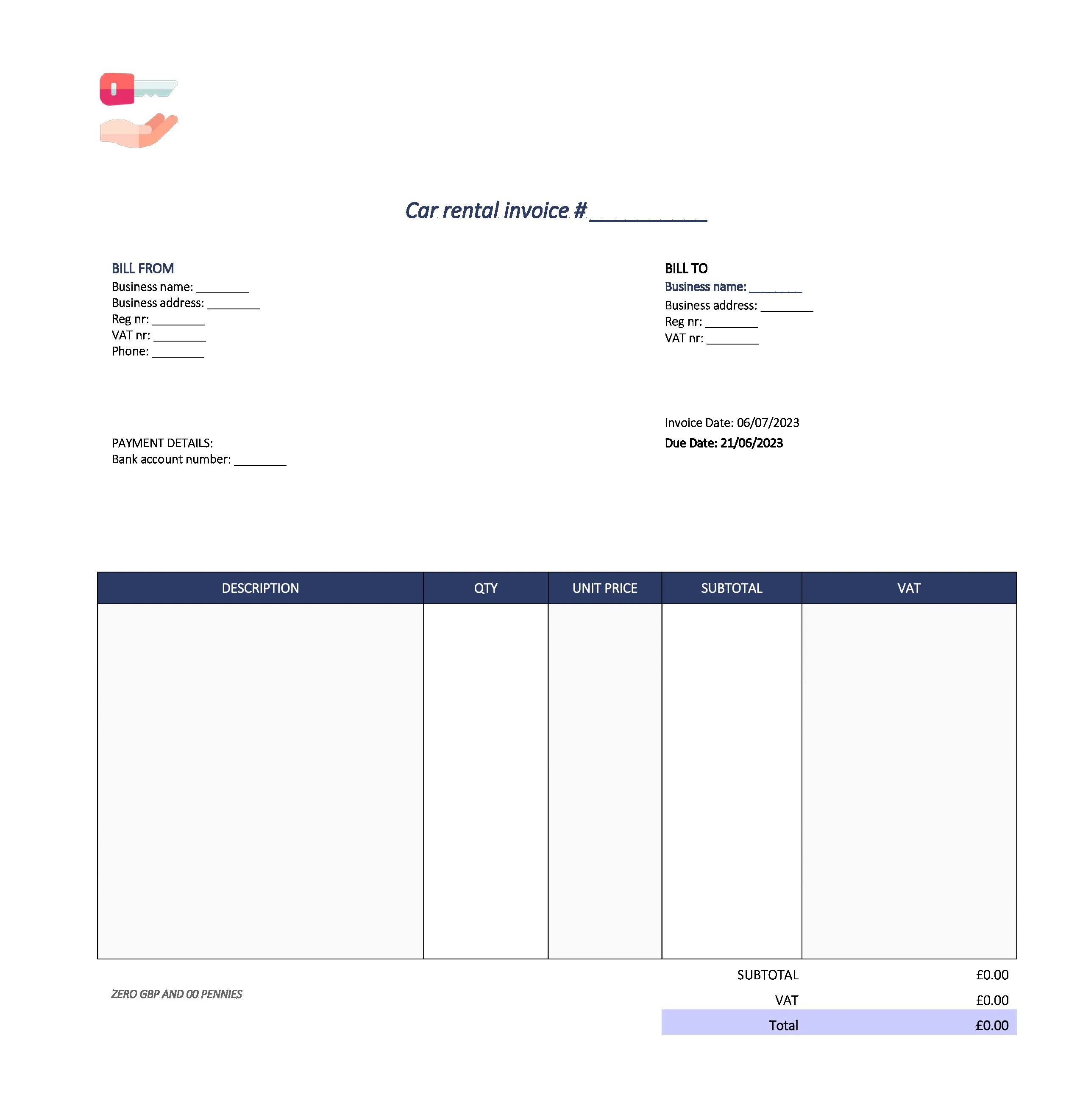 cute car rental invoice template UK Excel / Google sheets