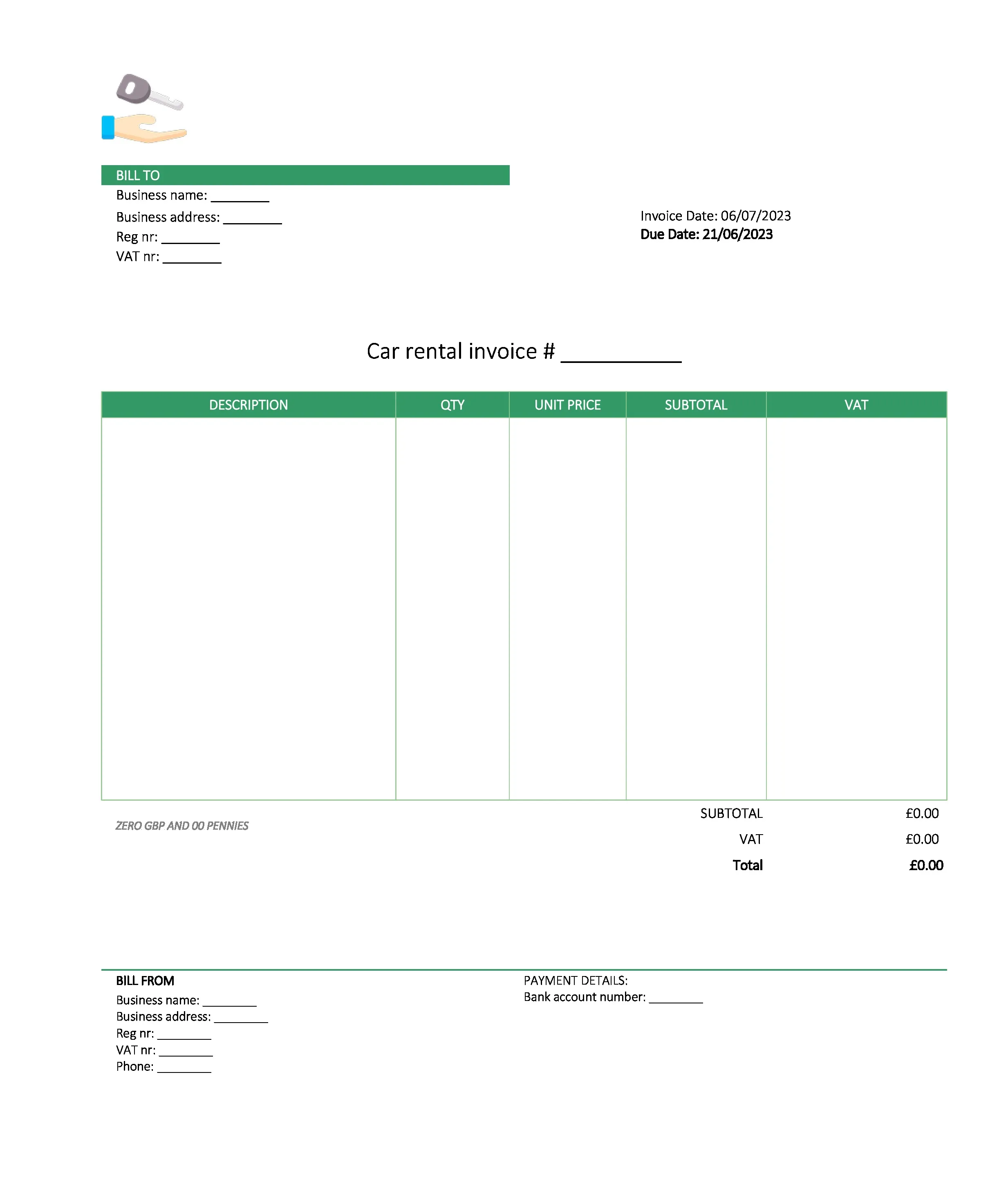 digital car rental invoice template UK Excel / Google sheets