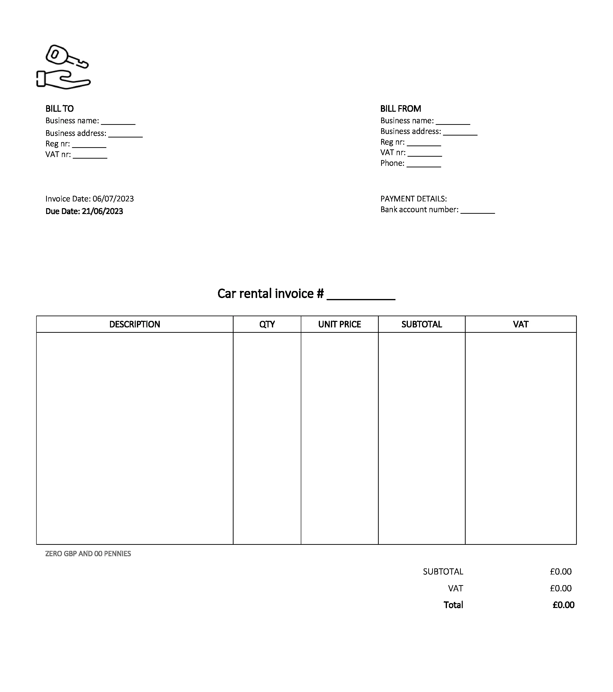 email deliverable car rental invoice template UK Excel / Google sheets