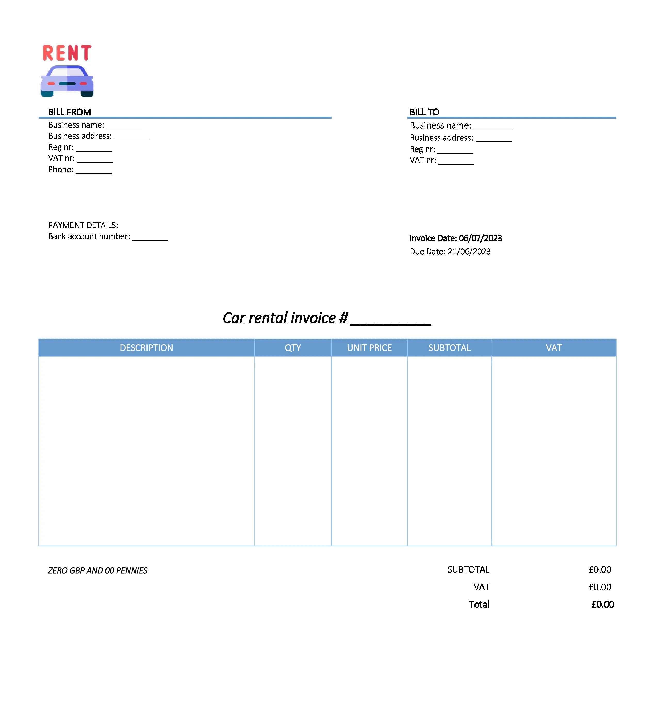 with bank details car rental invoice template UK Excel / Google sheets