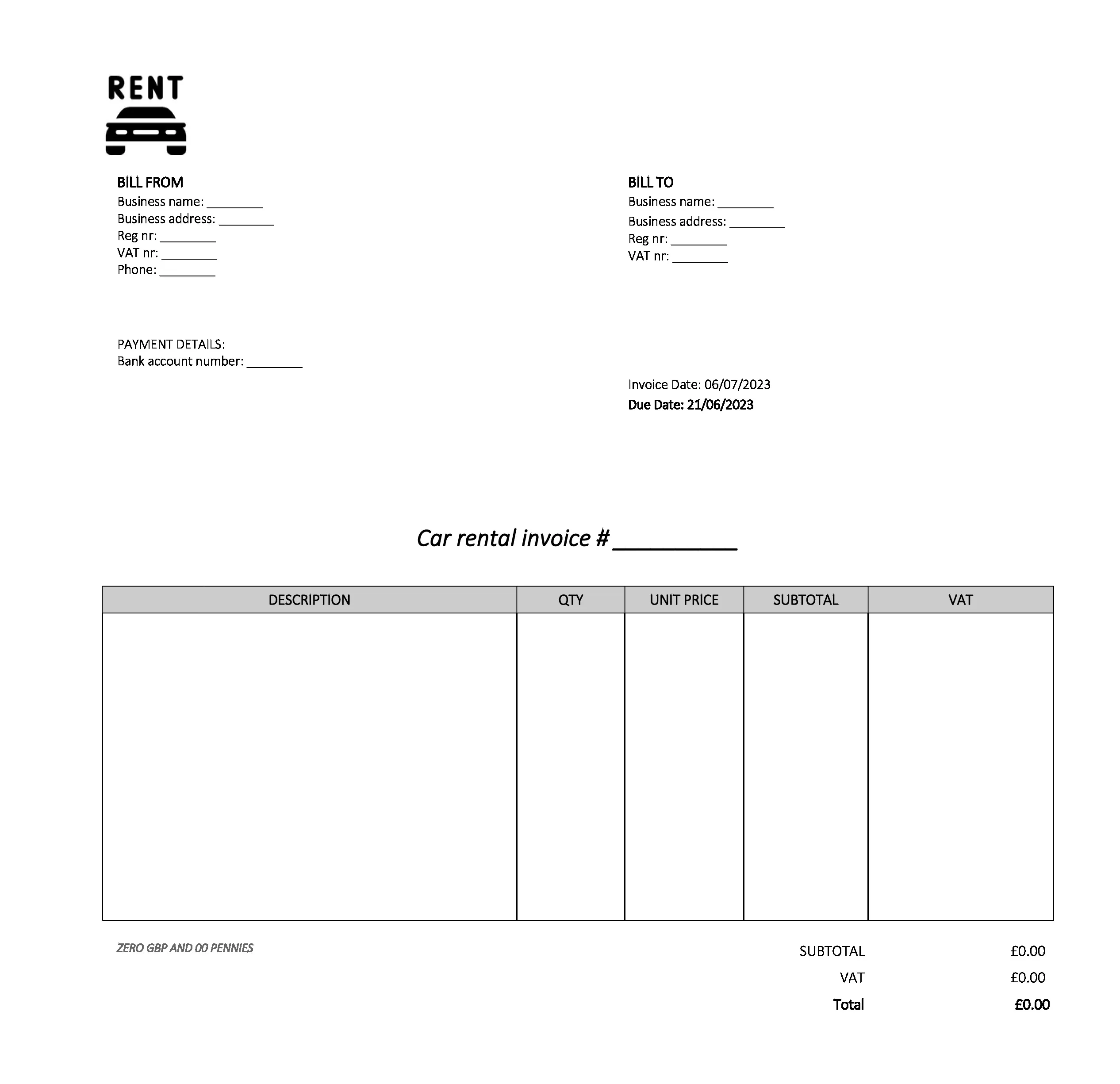 empty car rental invoice template UK Excel / Google sheets