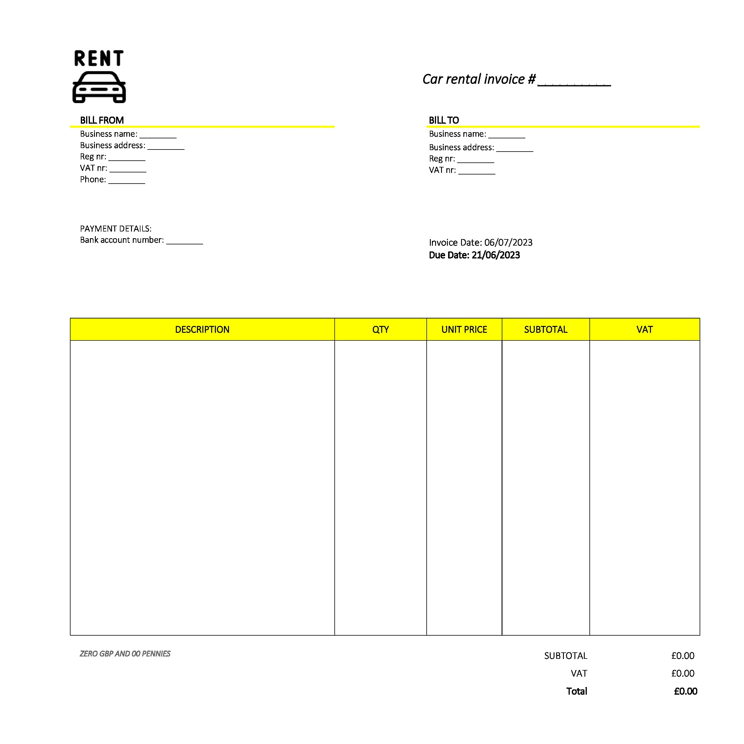 formal car rental invoice template UK Excel / Google sheets