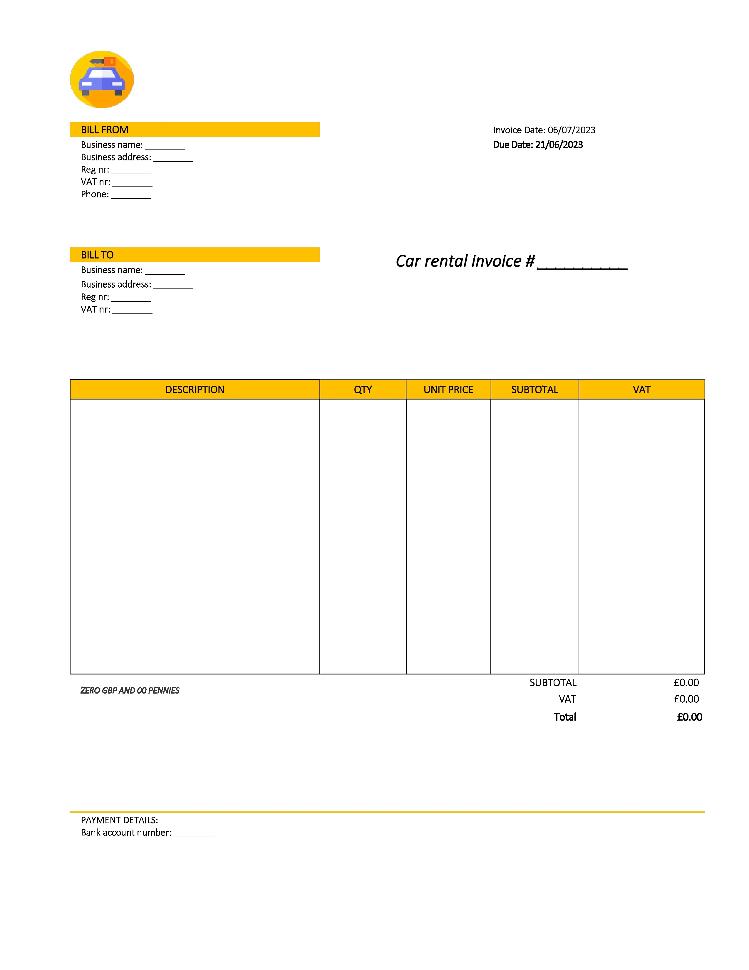 creative car rental invoice template UK Excel / Google sheets