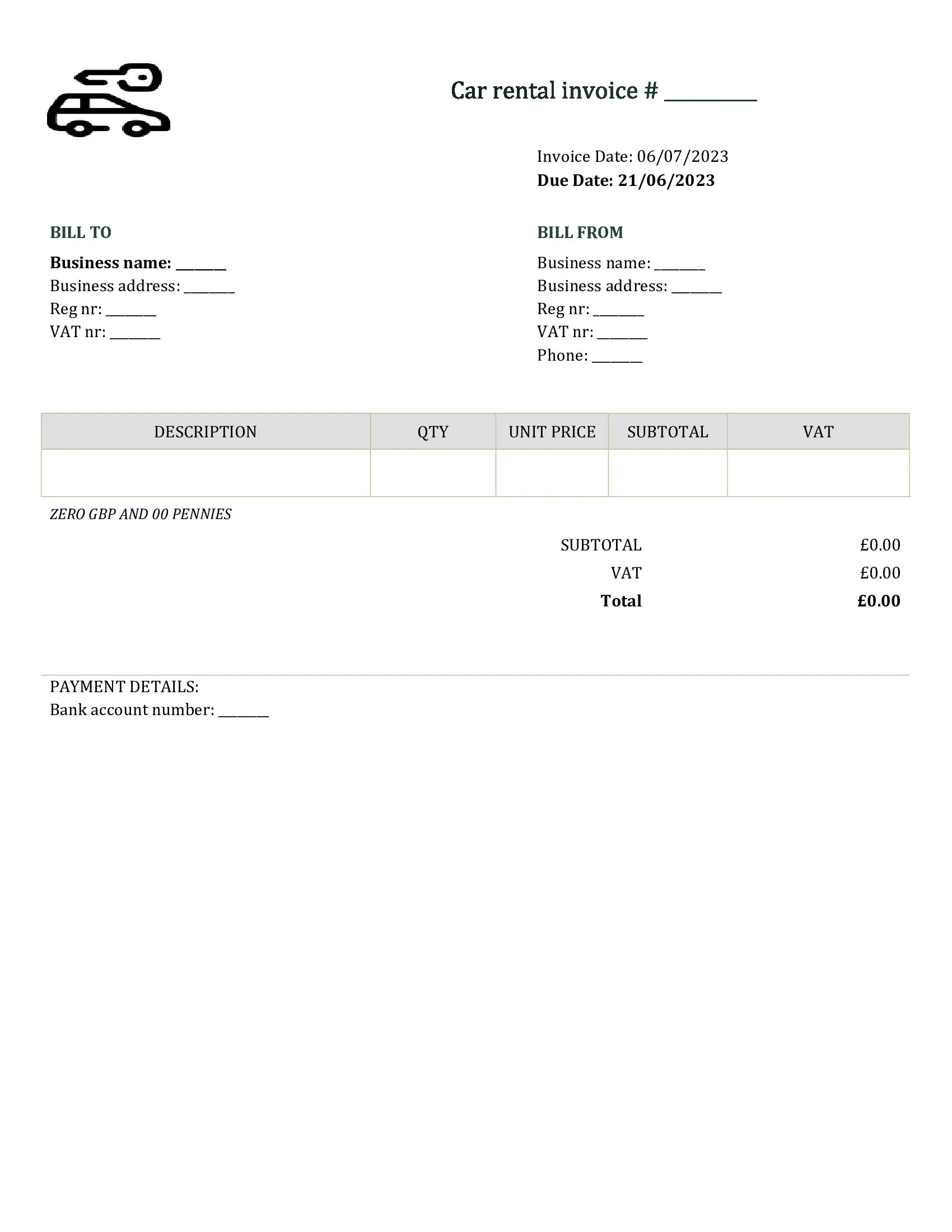 editable car rental invoice template UK Word / Google docs