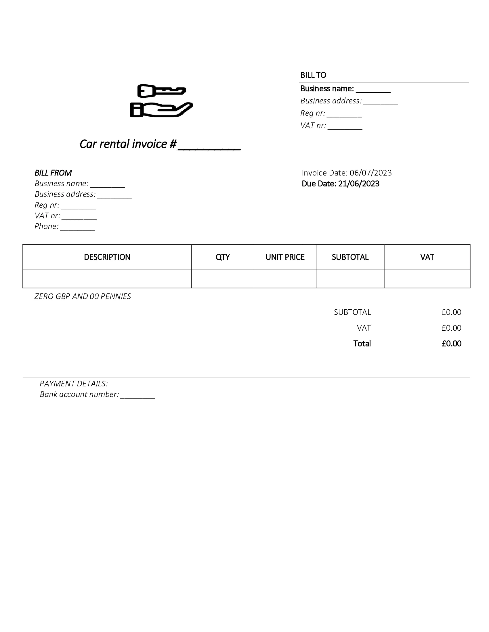 downloadable car rental invoice template UK Word / Google docs