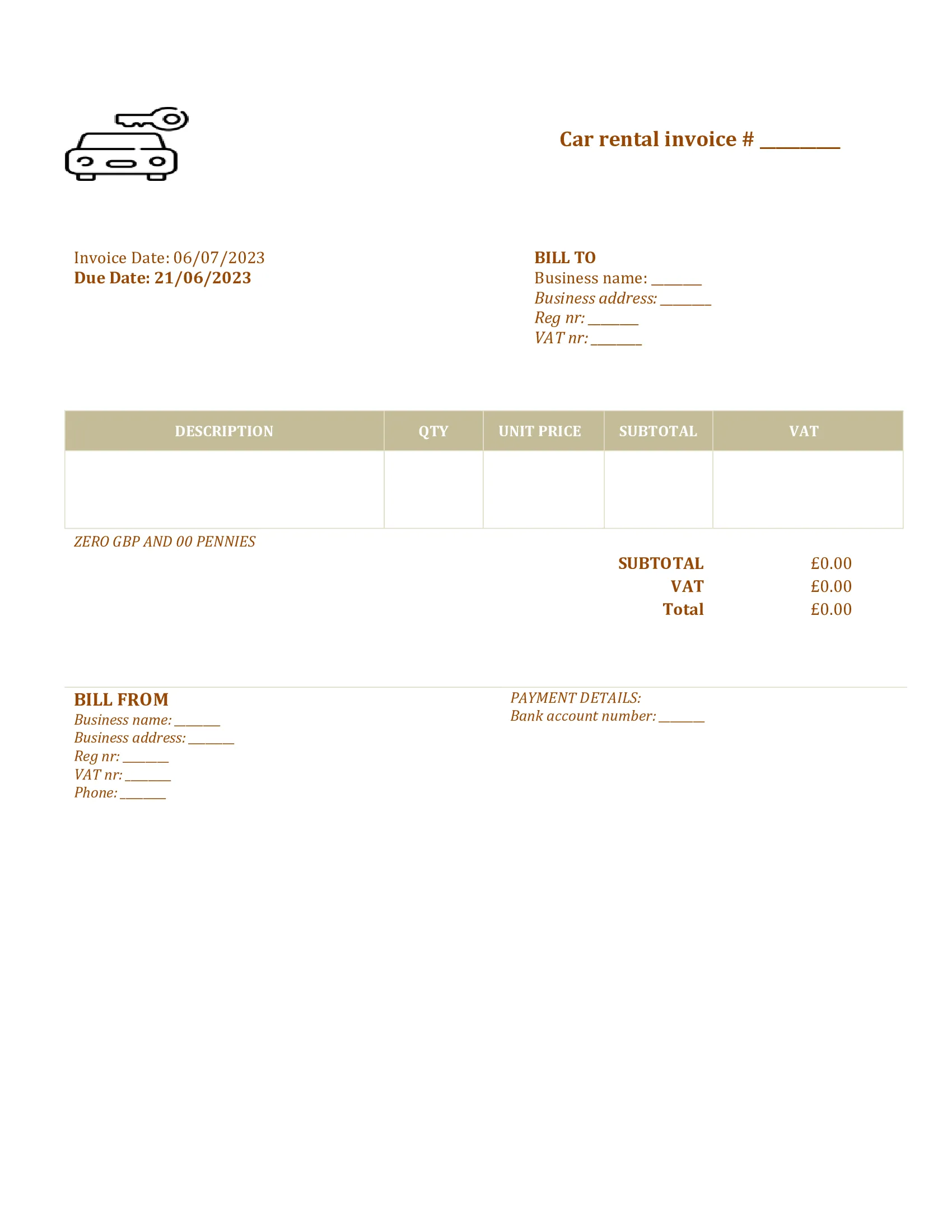 printable car rental invoice template UK Word / Google docs