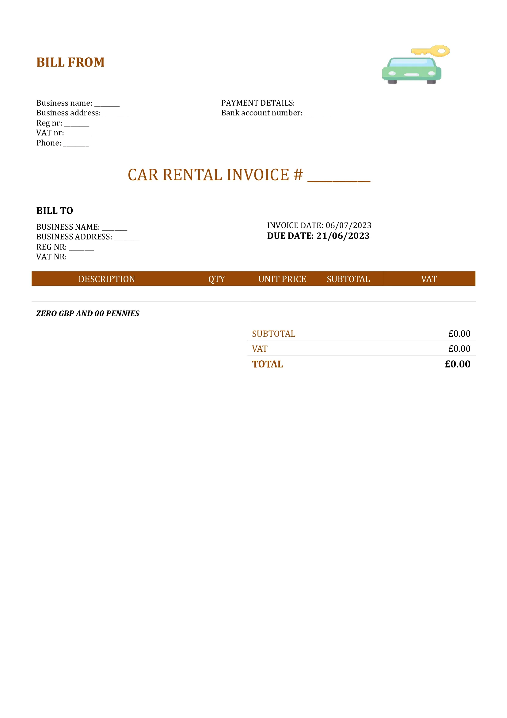 blank car rental invoice template UK Word / Google docs