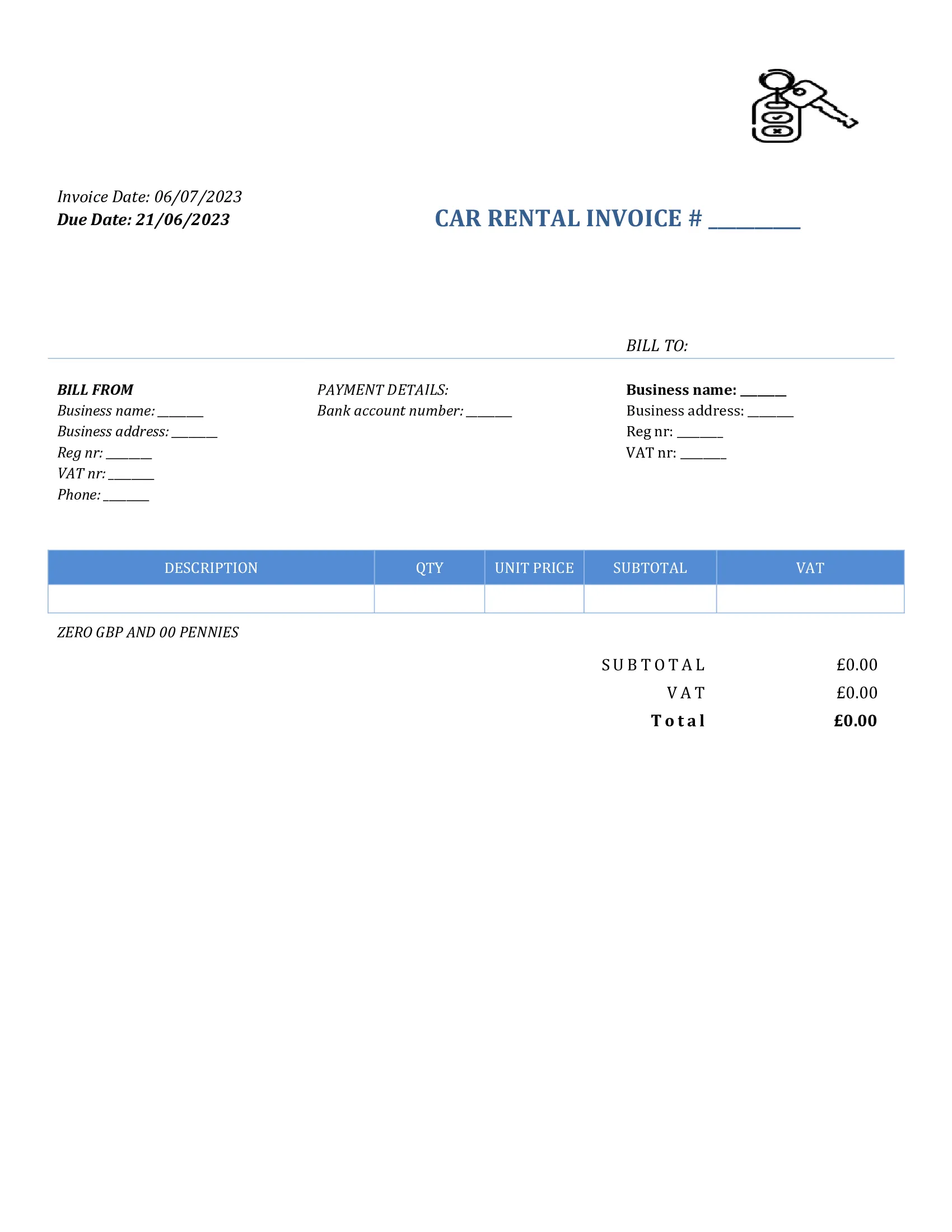 basic car rental invoice template UK Word / Google docs