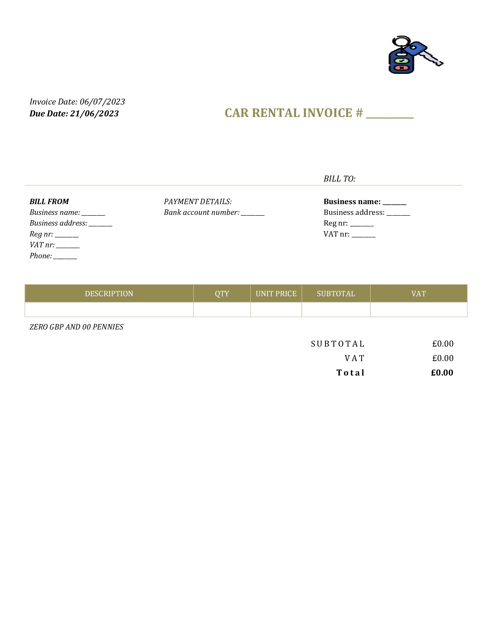 generic car rental invoice template UK Word / Google docs