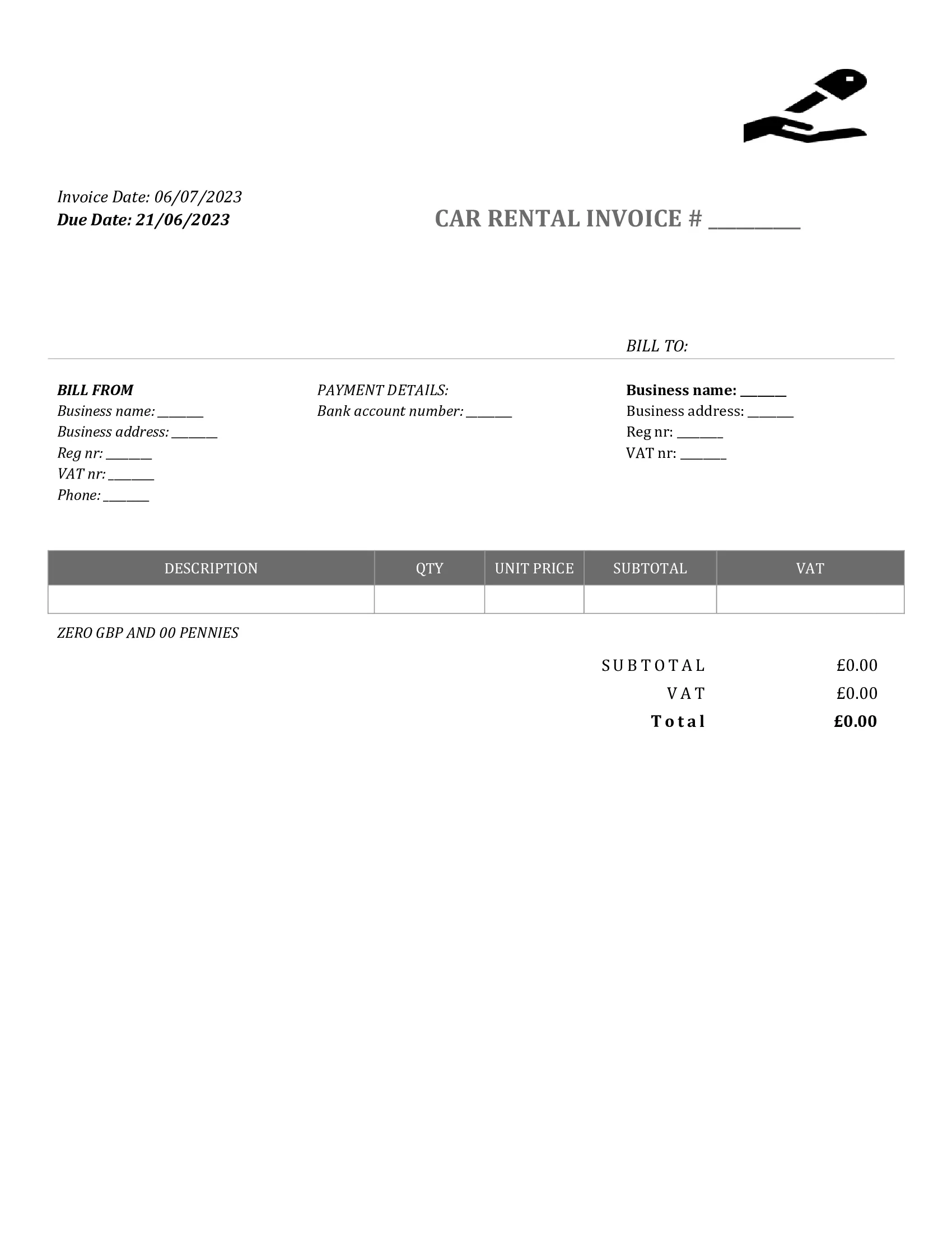 standart car rental invoice template UK Word / Google docs