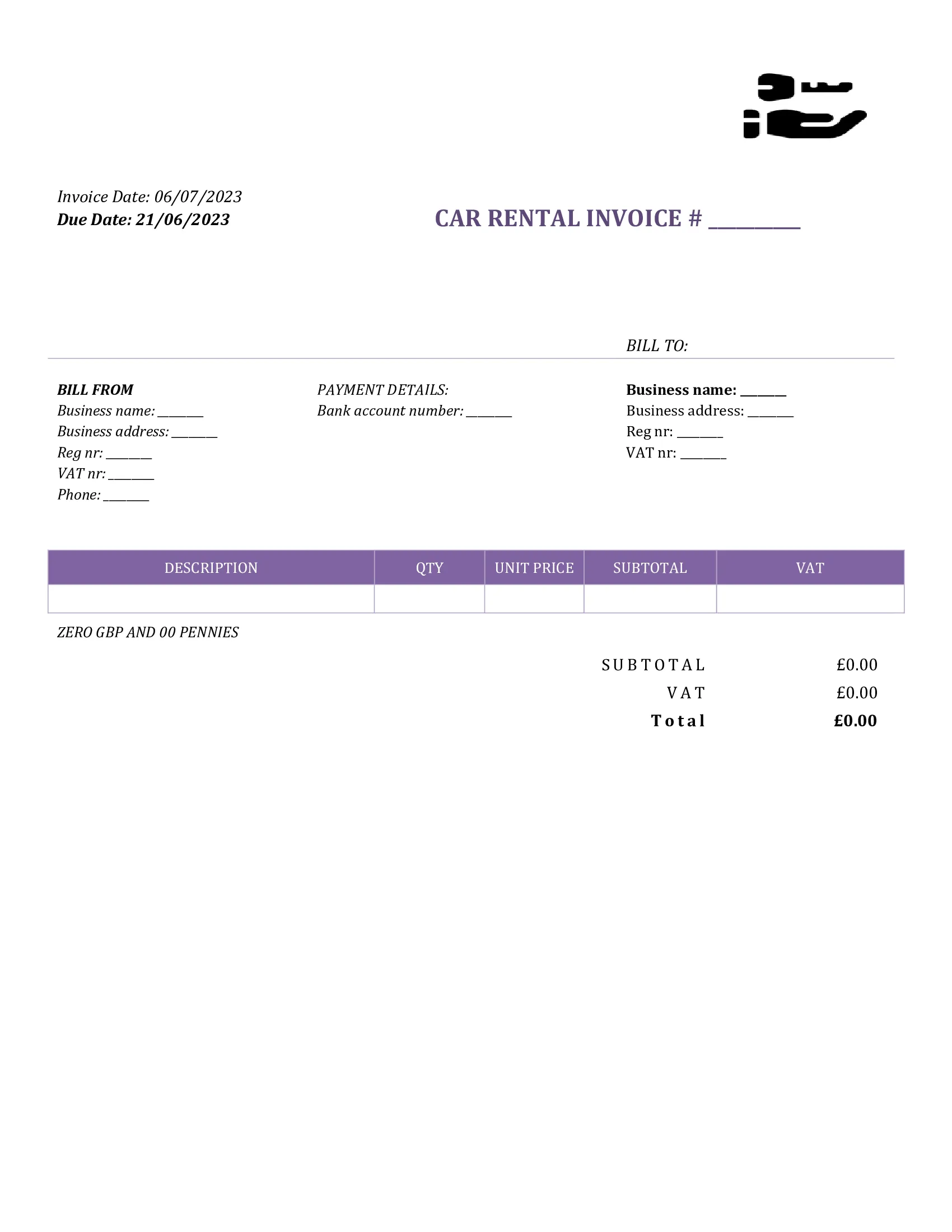 fillable car rental invoice template UK Word / Google docs