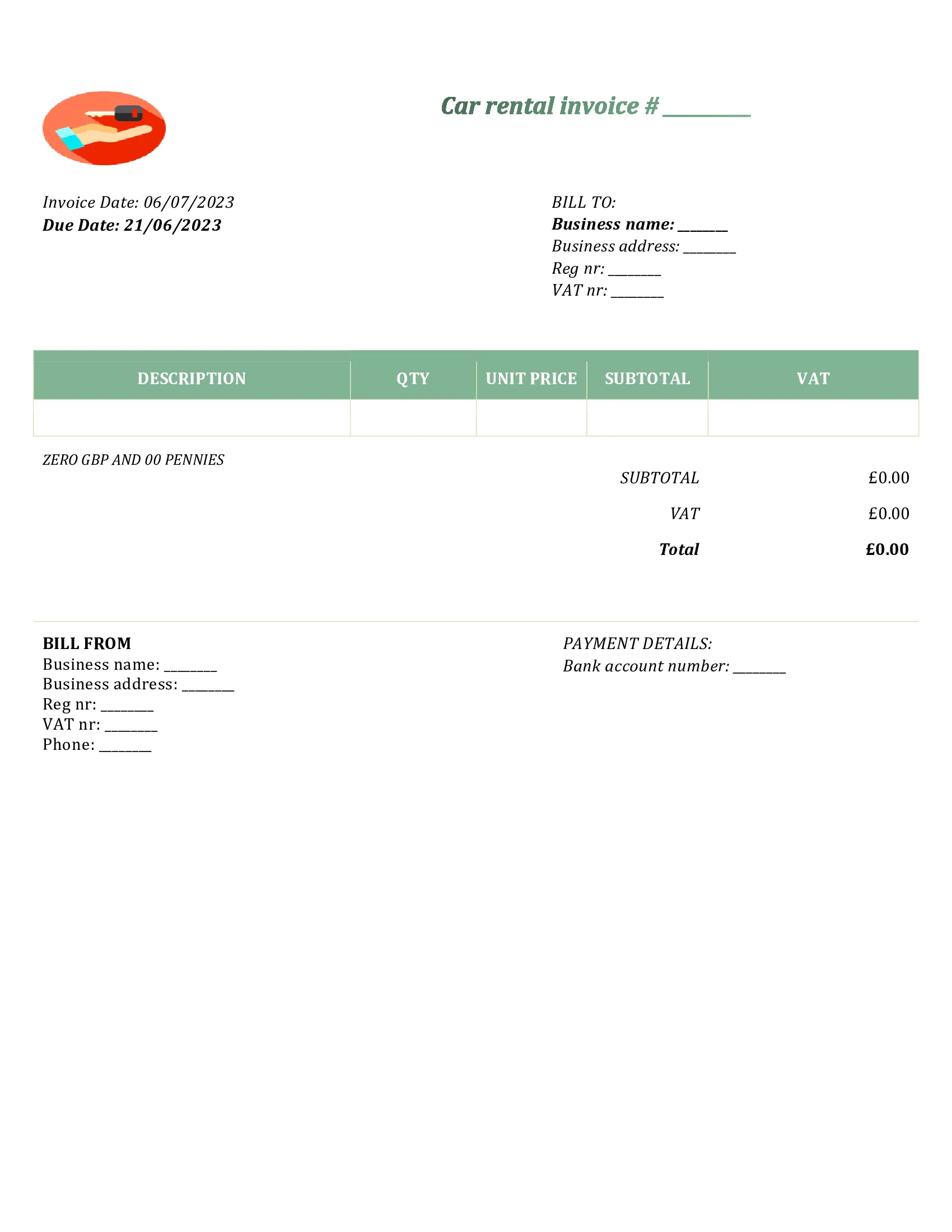 customizable car rental invoice template UK Word / Google docs