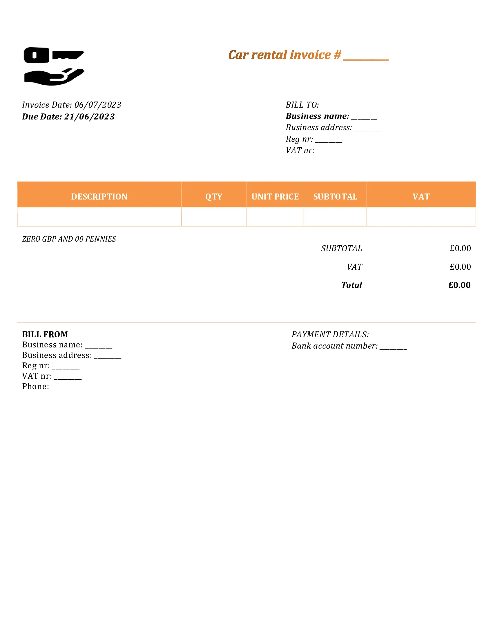 personal car rental invoice template UK Word / Google docs