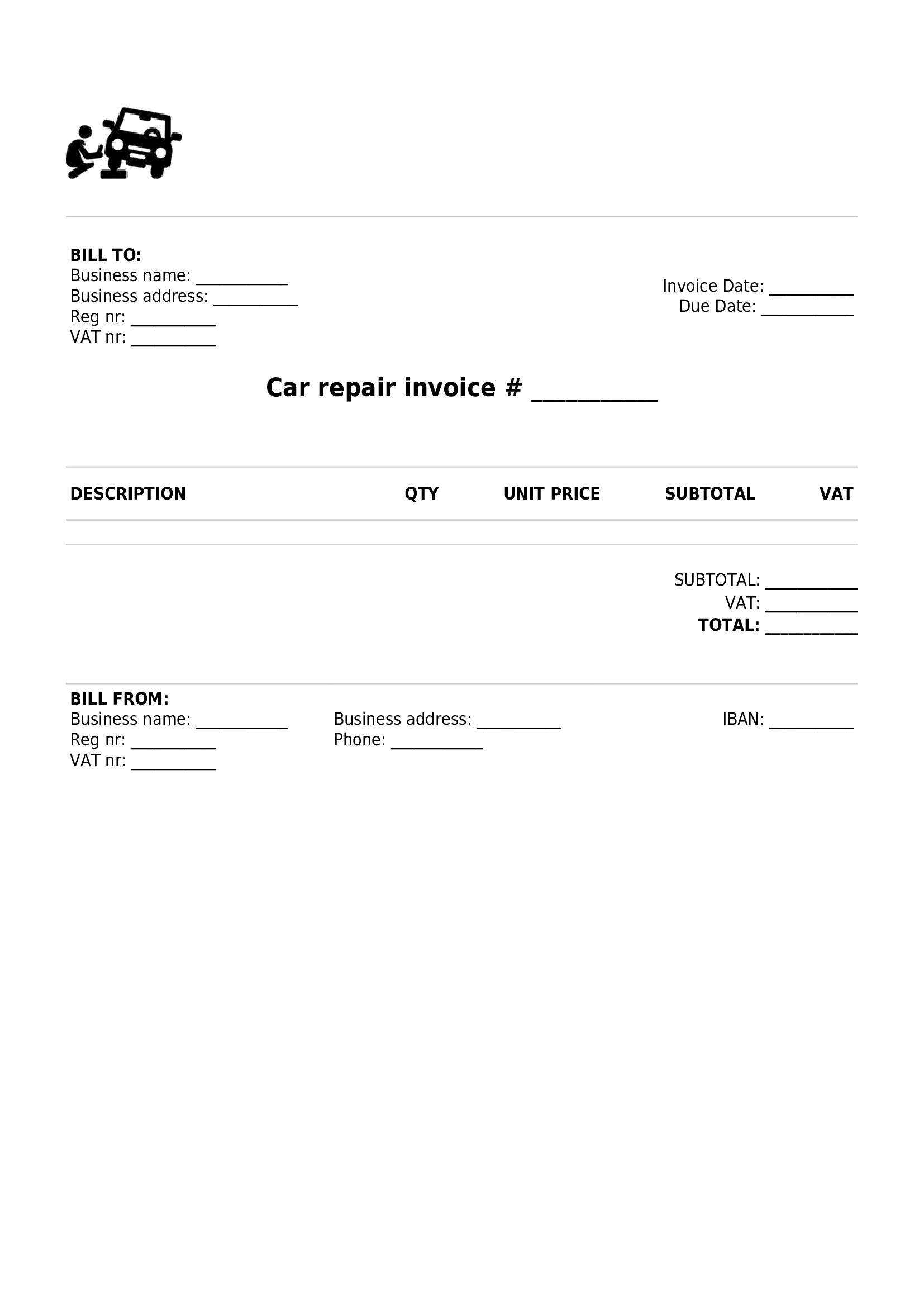 Detailed Car Repair Invoice Template UK Excel / Google sheets