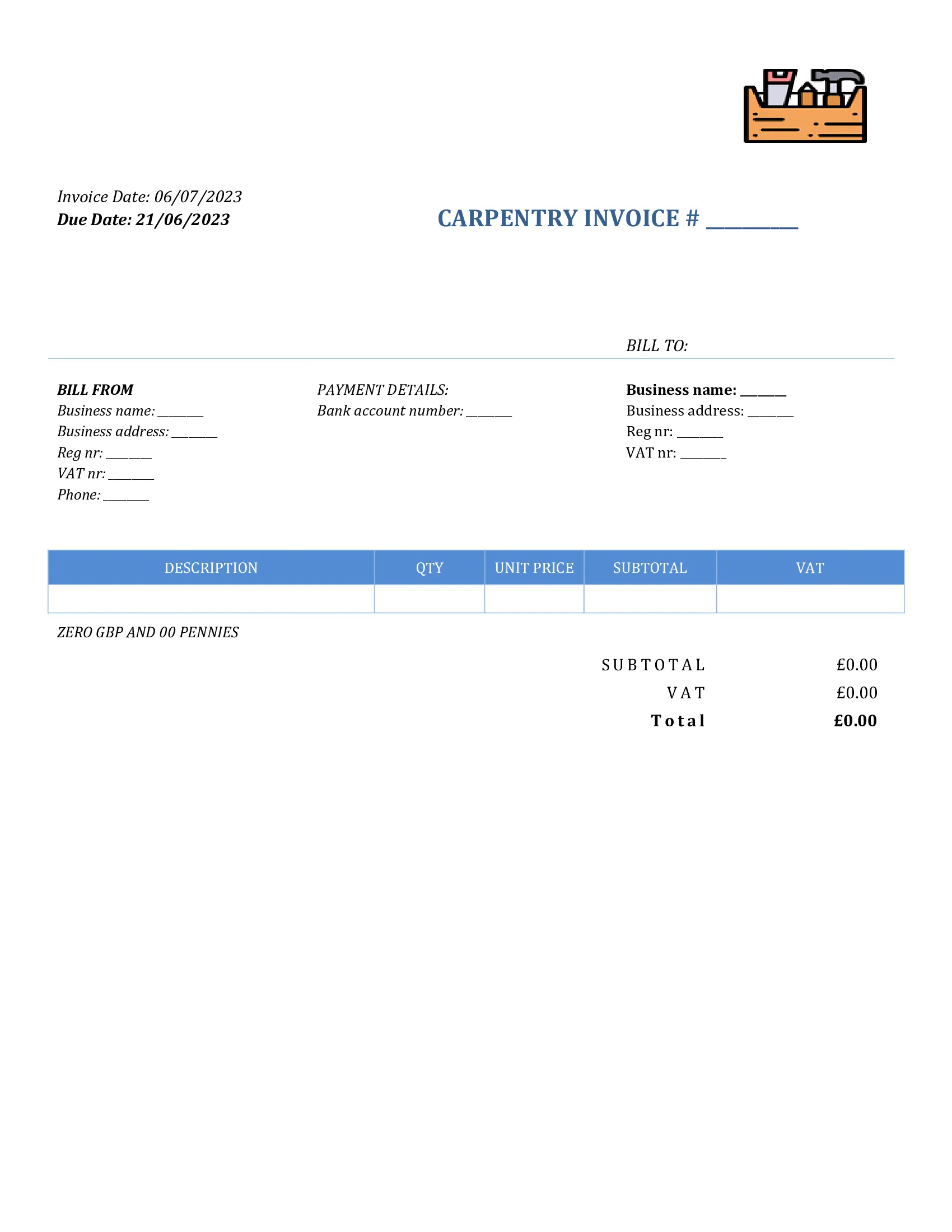 basic carpentry invoice template UK Word / Google docs