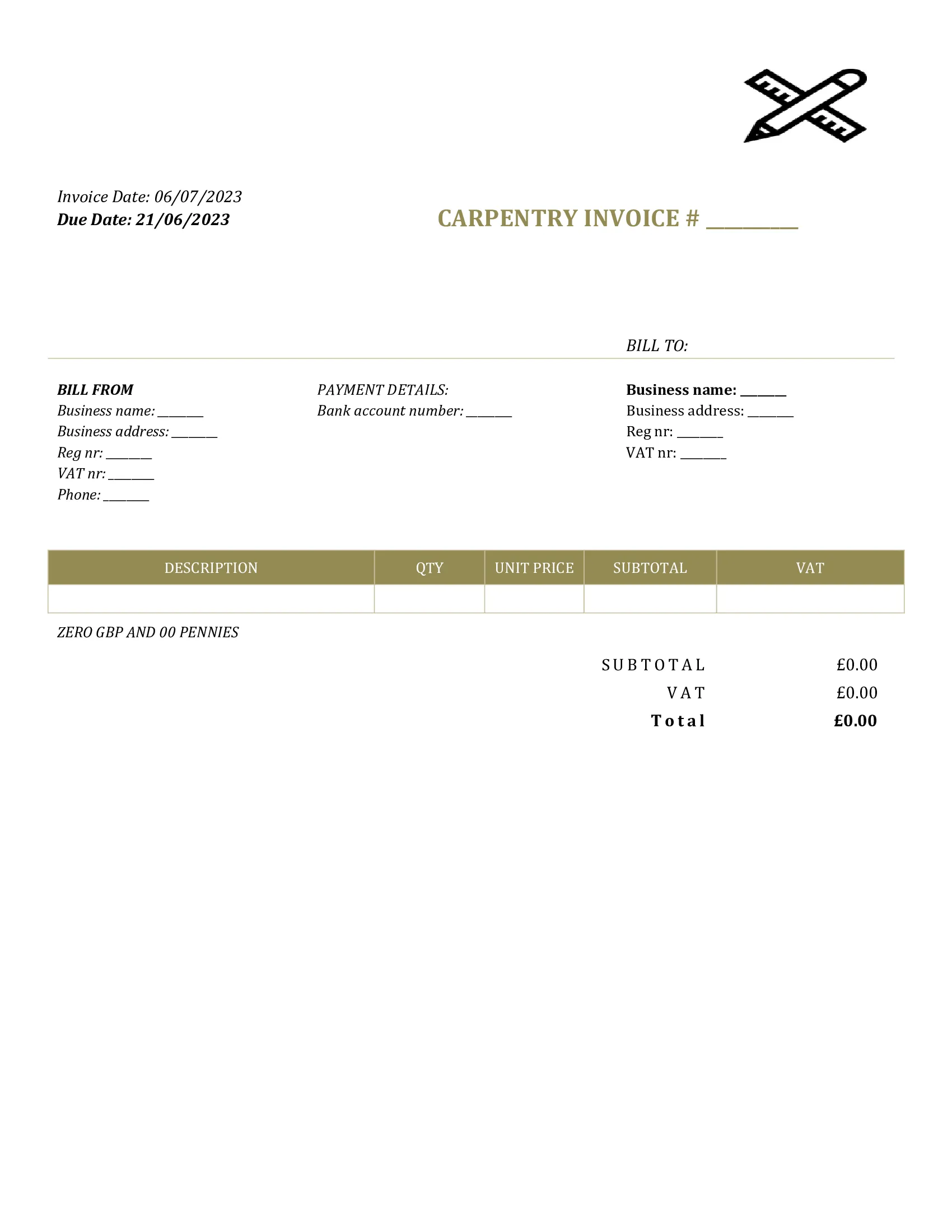 generic carpentry invoice template UK Word / Google docs