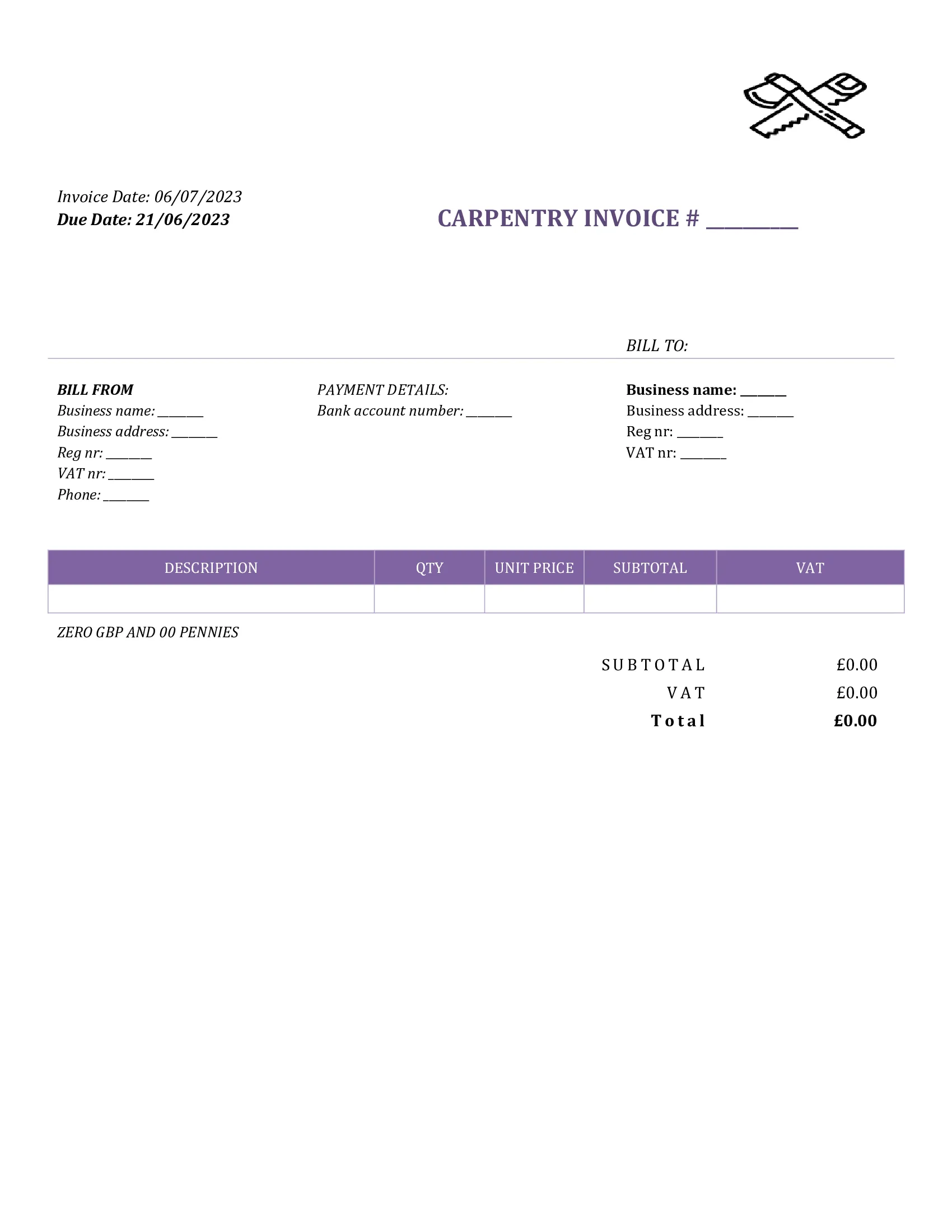 fillable carpentry invoice template UK Word / Google docs