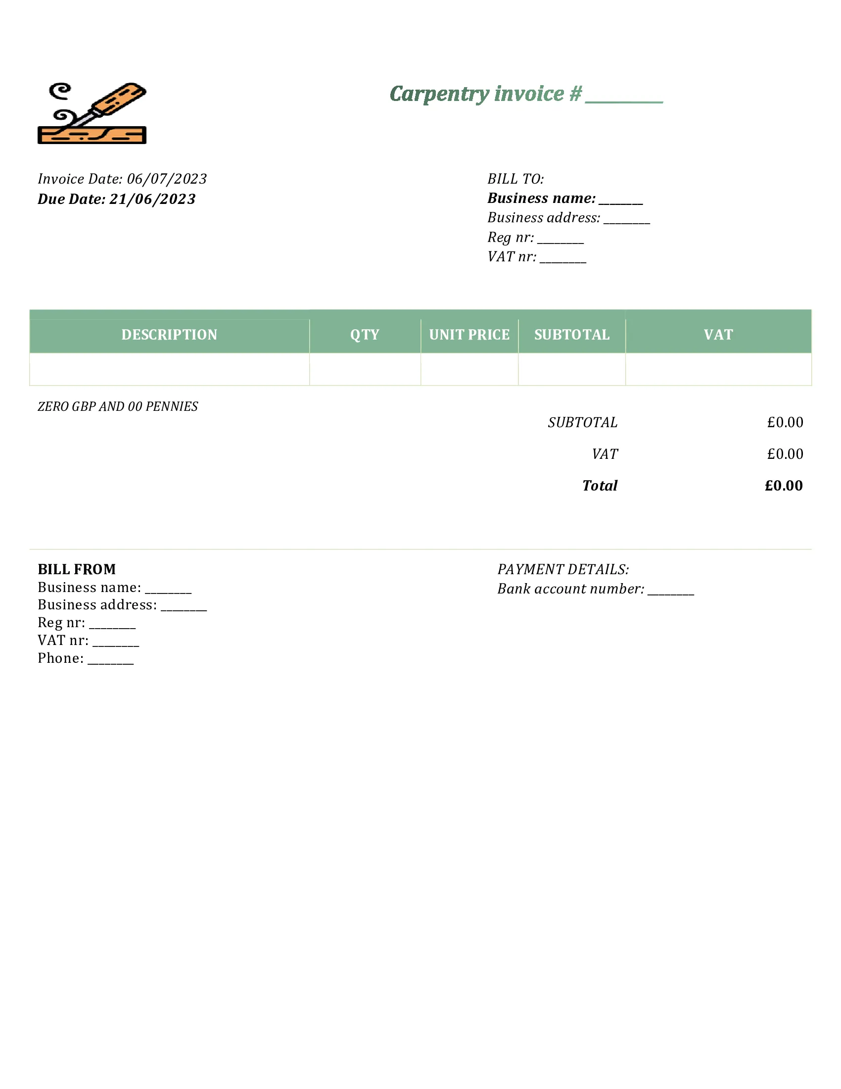 customizable carpentry invoice template UK Word / Google docs