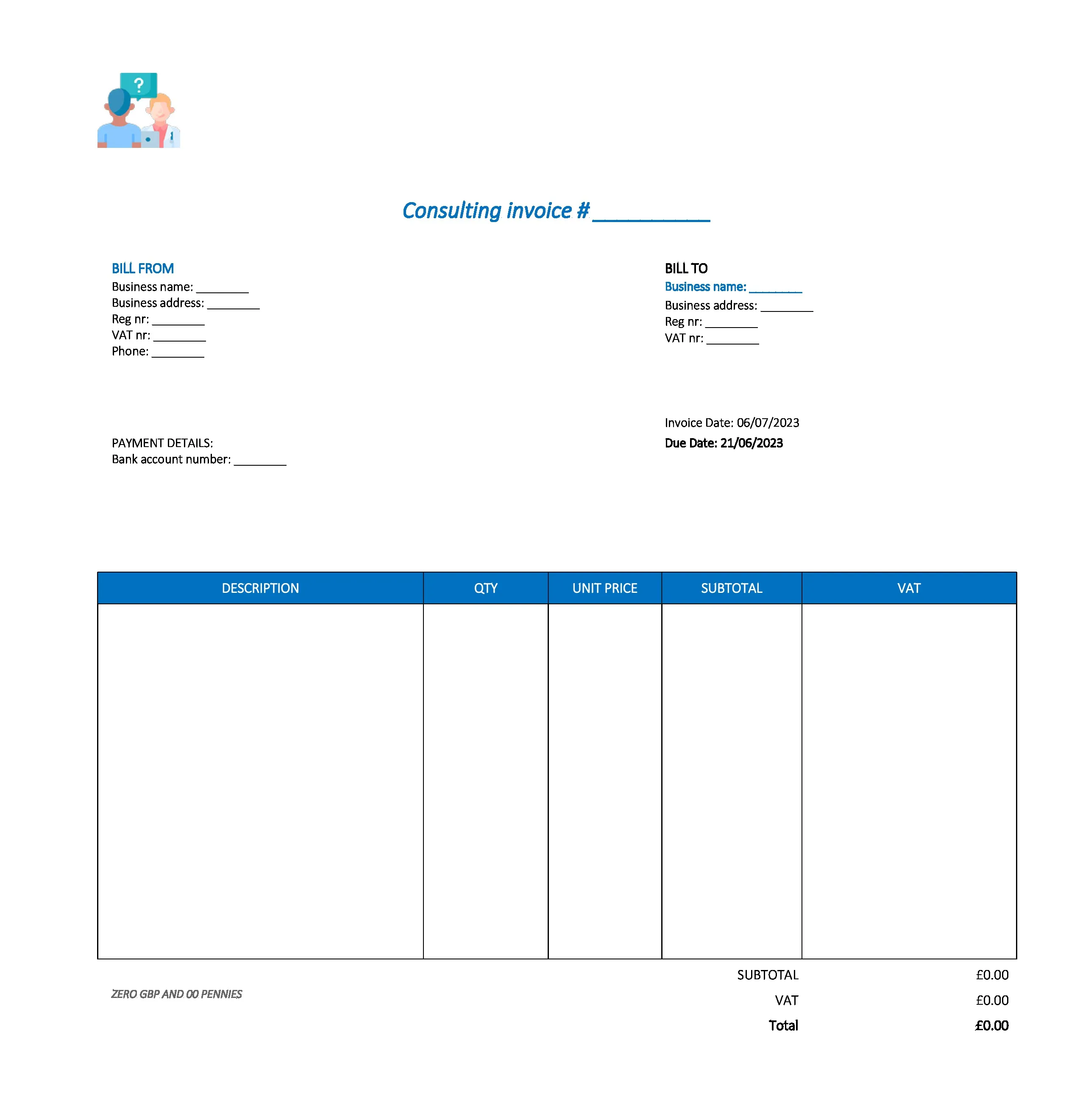 typical consulting invoice template UK Excel / Google sheets