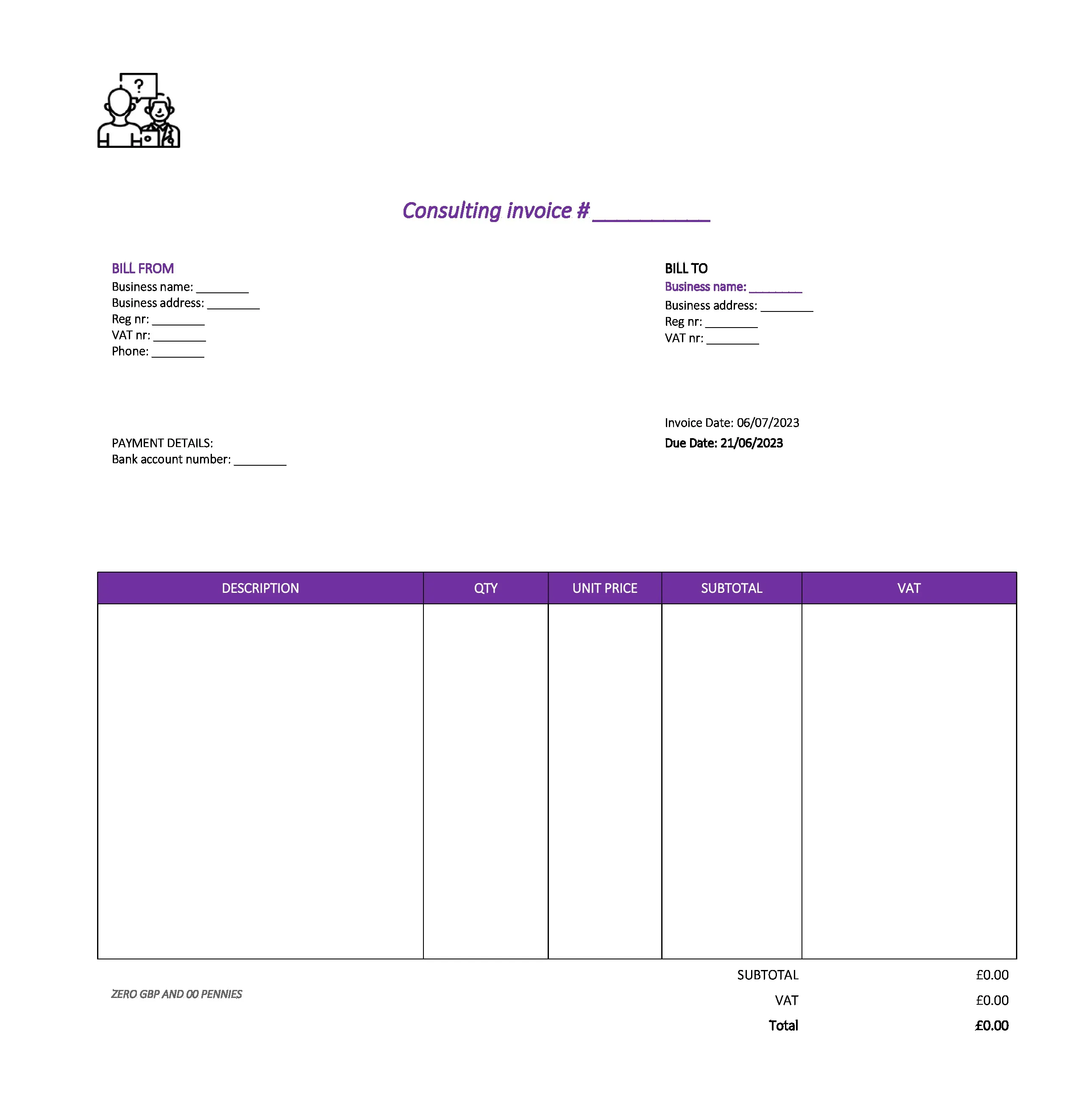 pretty consulting invoice template UK Excel / Google sheets