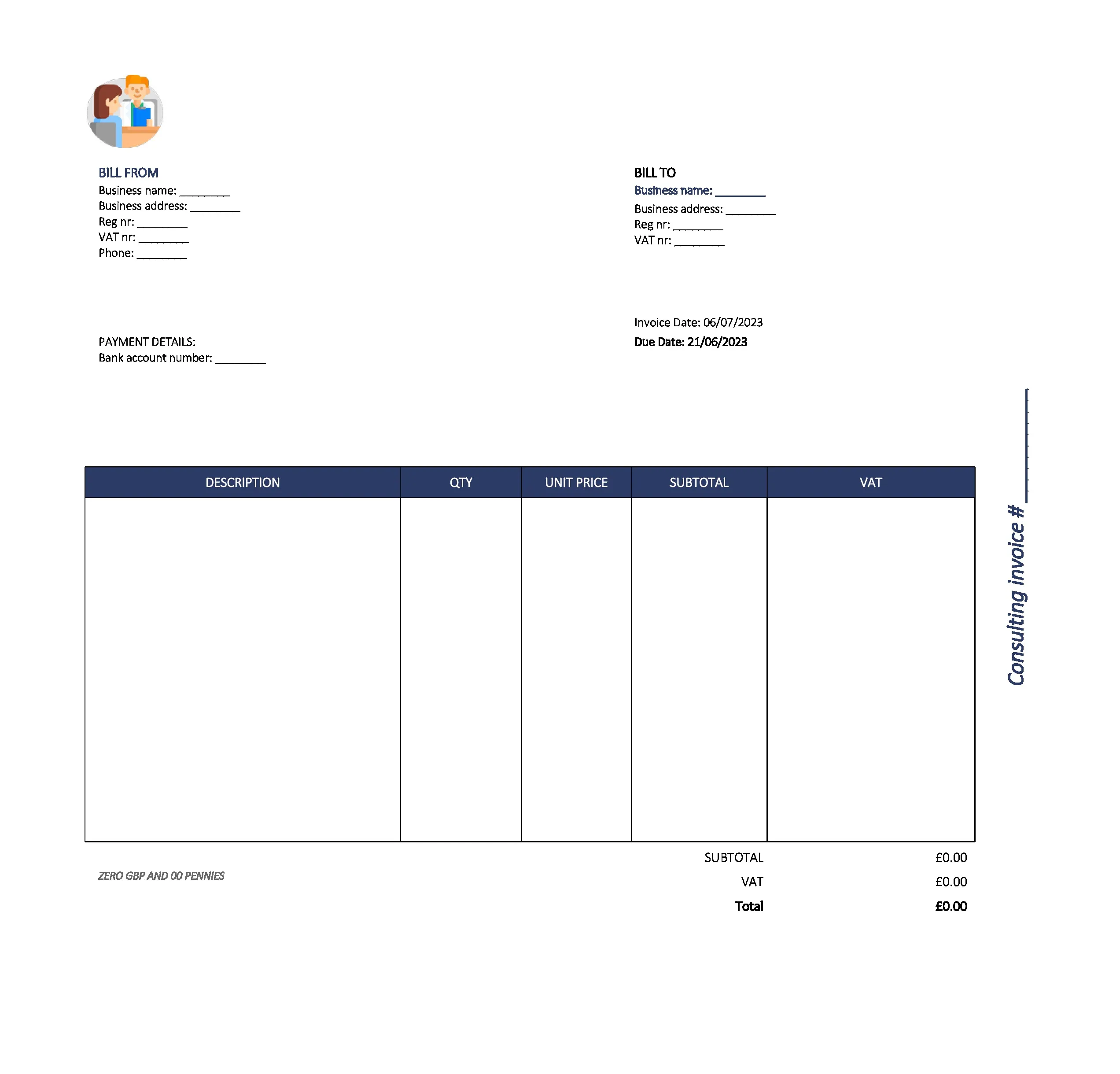 beautiful consulting invoice template UK Excel / Google sheets