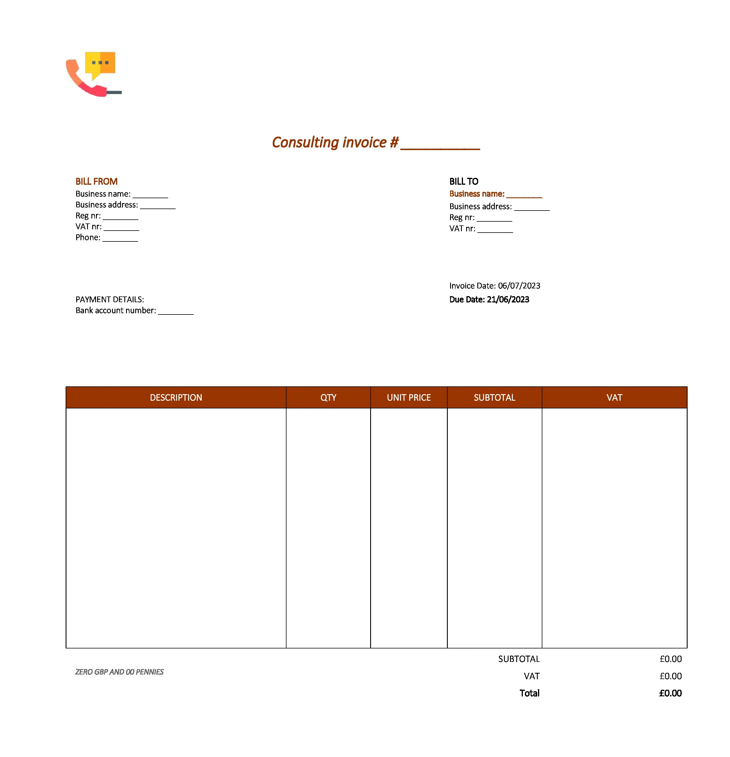 elegant consulting invoice template UK Excel / Google sheets