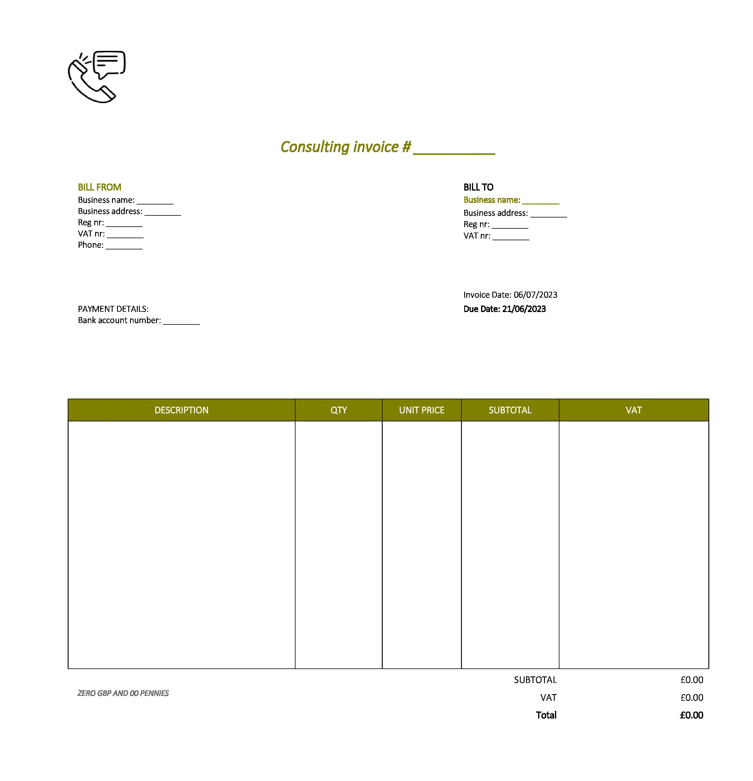 minimalist consulting invoice template UK Excel / Google sheets