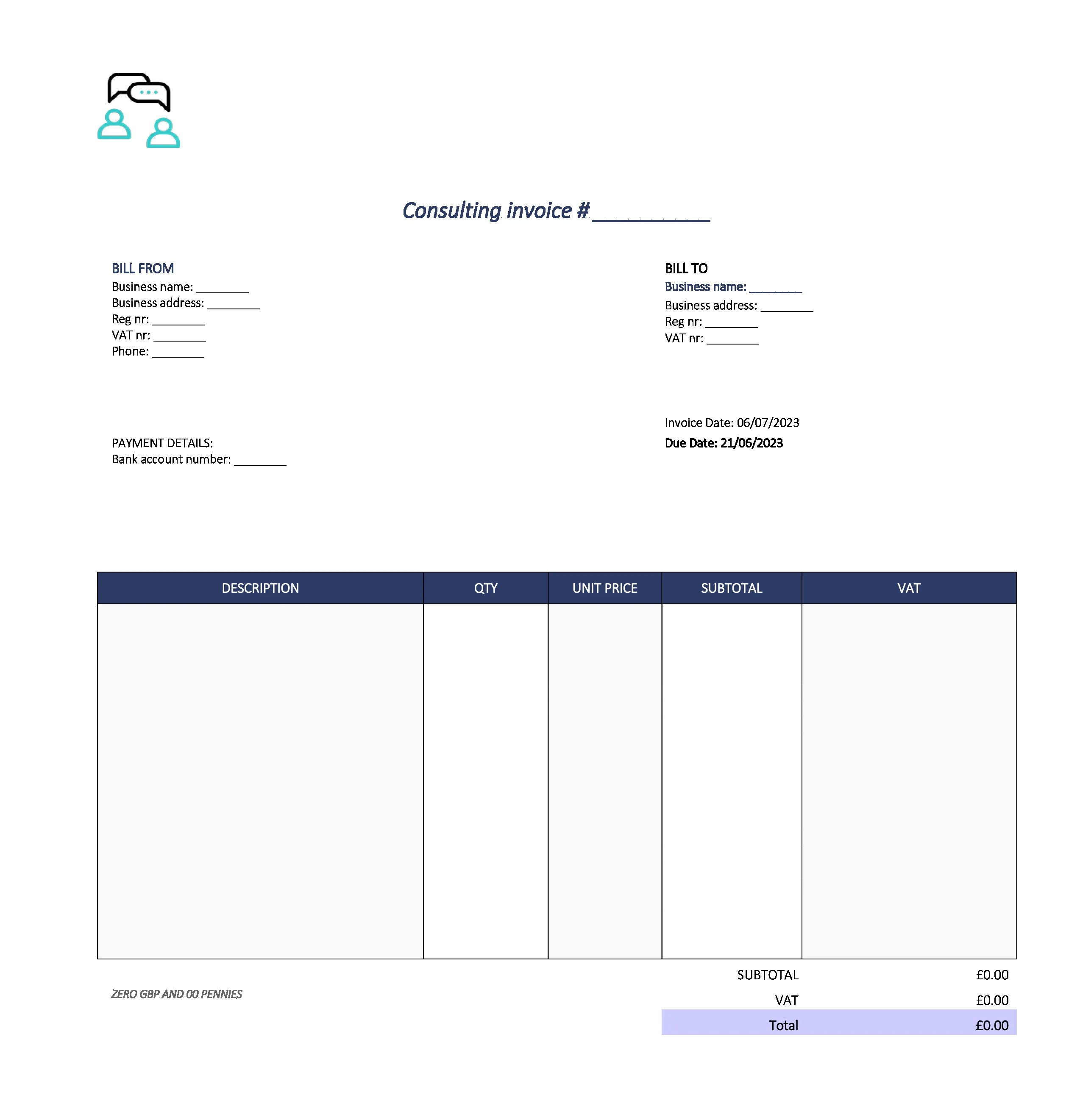 cute consulting invoice template UK Excel / Google sheets