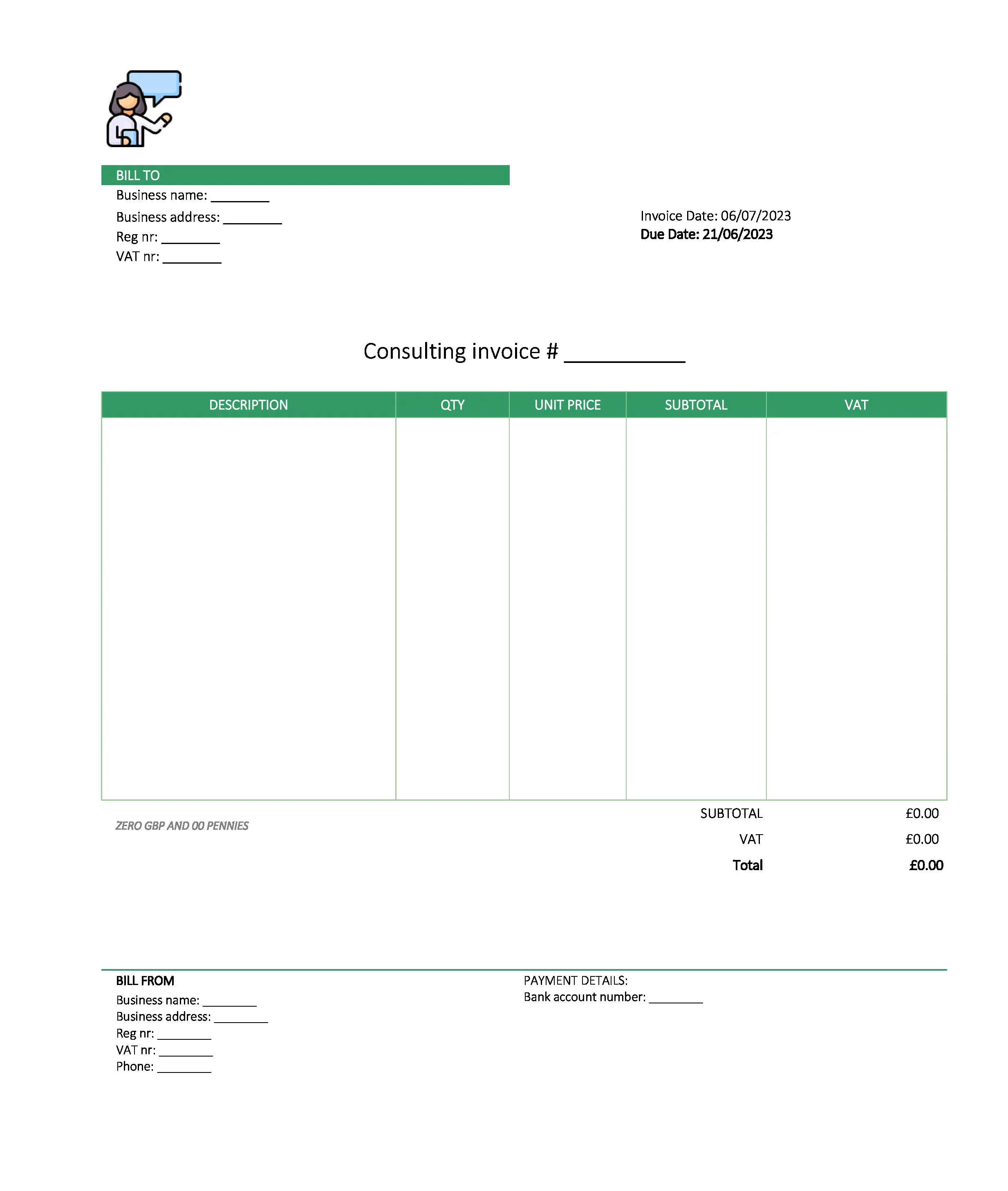 digital consulting invoice template UK Excel / Google sheets